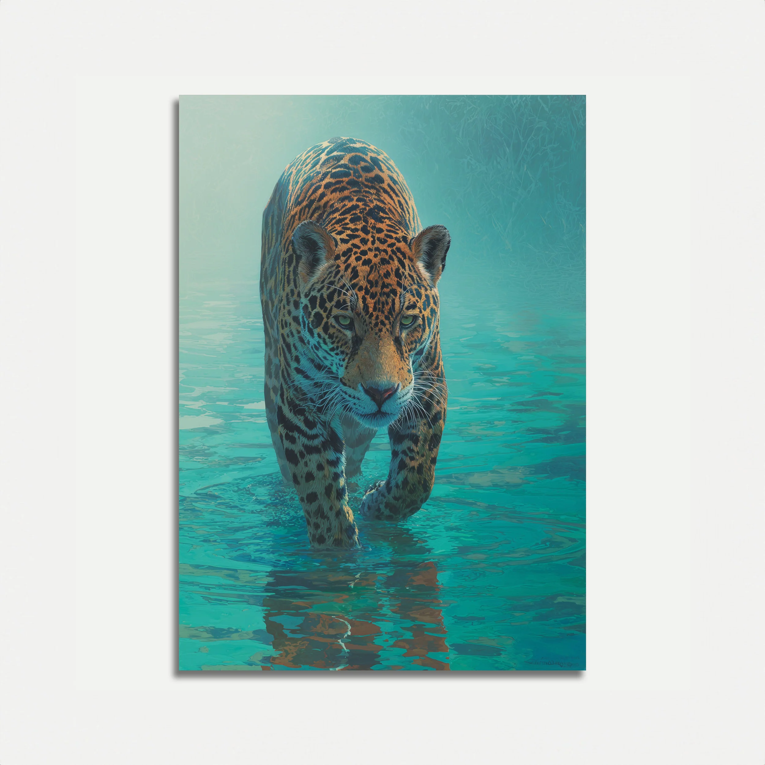 Jaguar Wading Through Turquoise Waters Poster