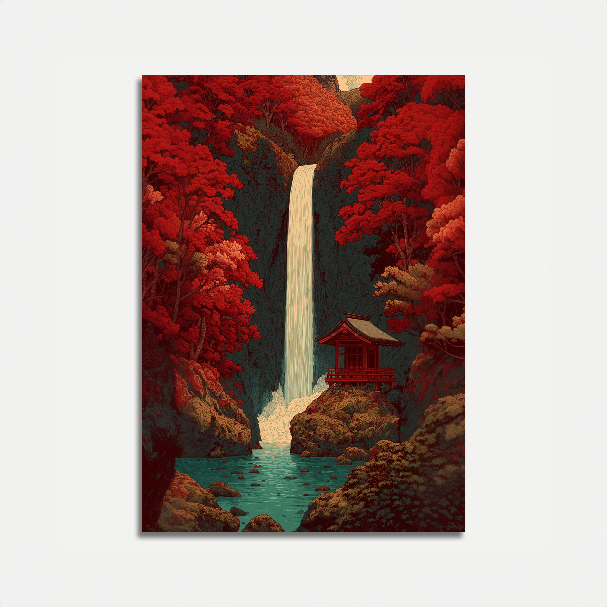 Japanese Waterfall Temple Poster