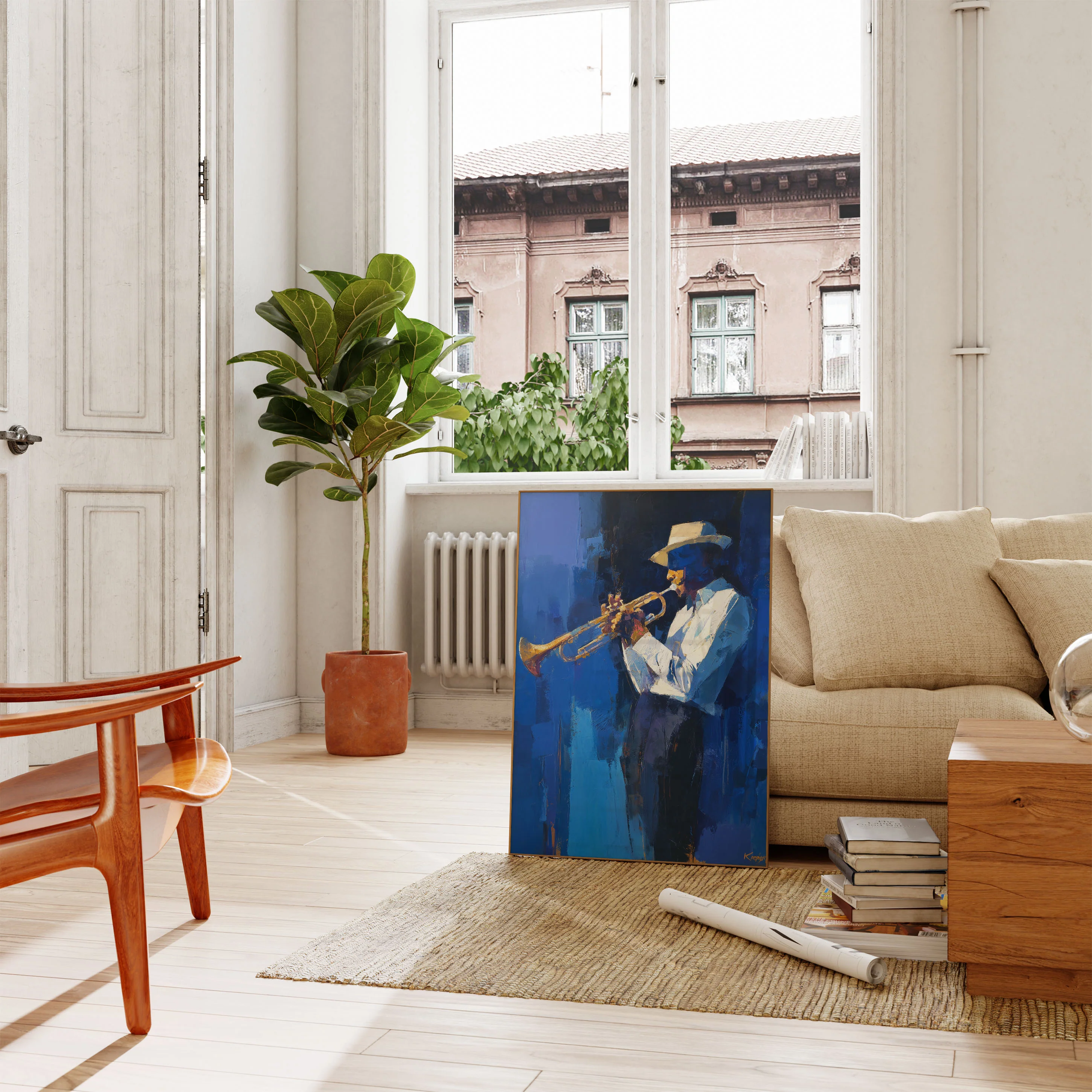 Jazz Trumpet Player in Blue Poster - Image 2