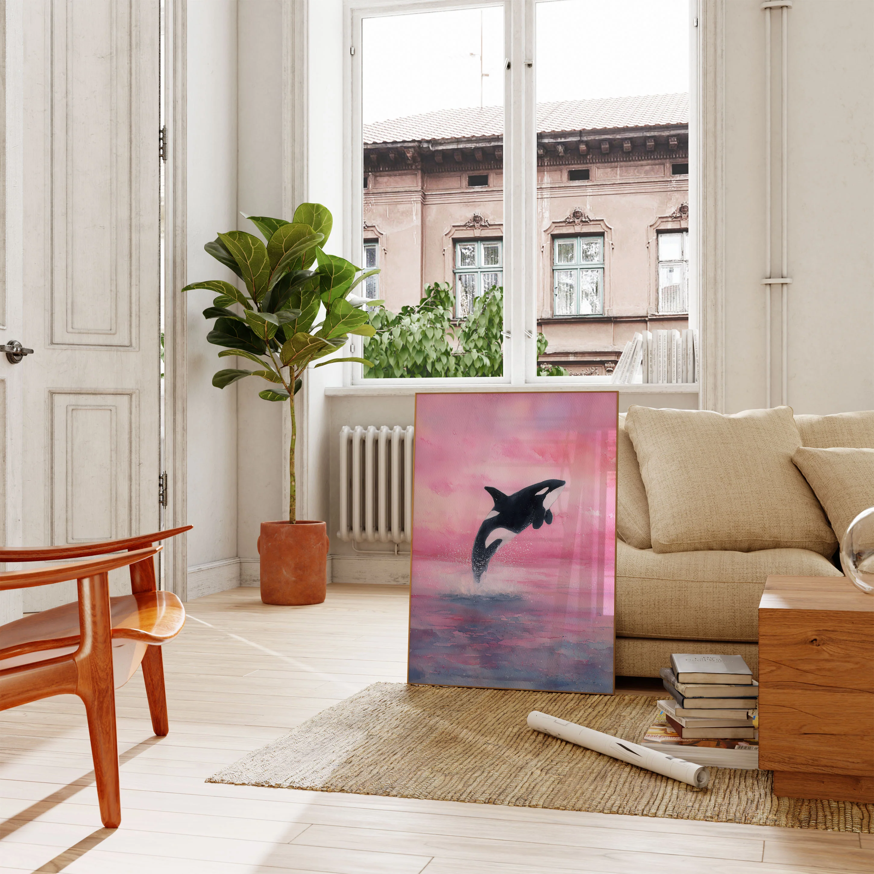 Leaping Orca Pink Sky Poster - Image 2