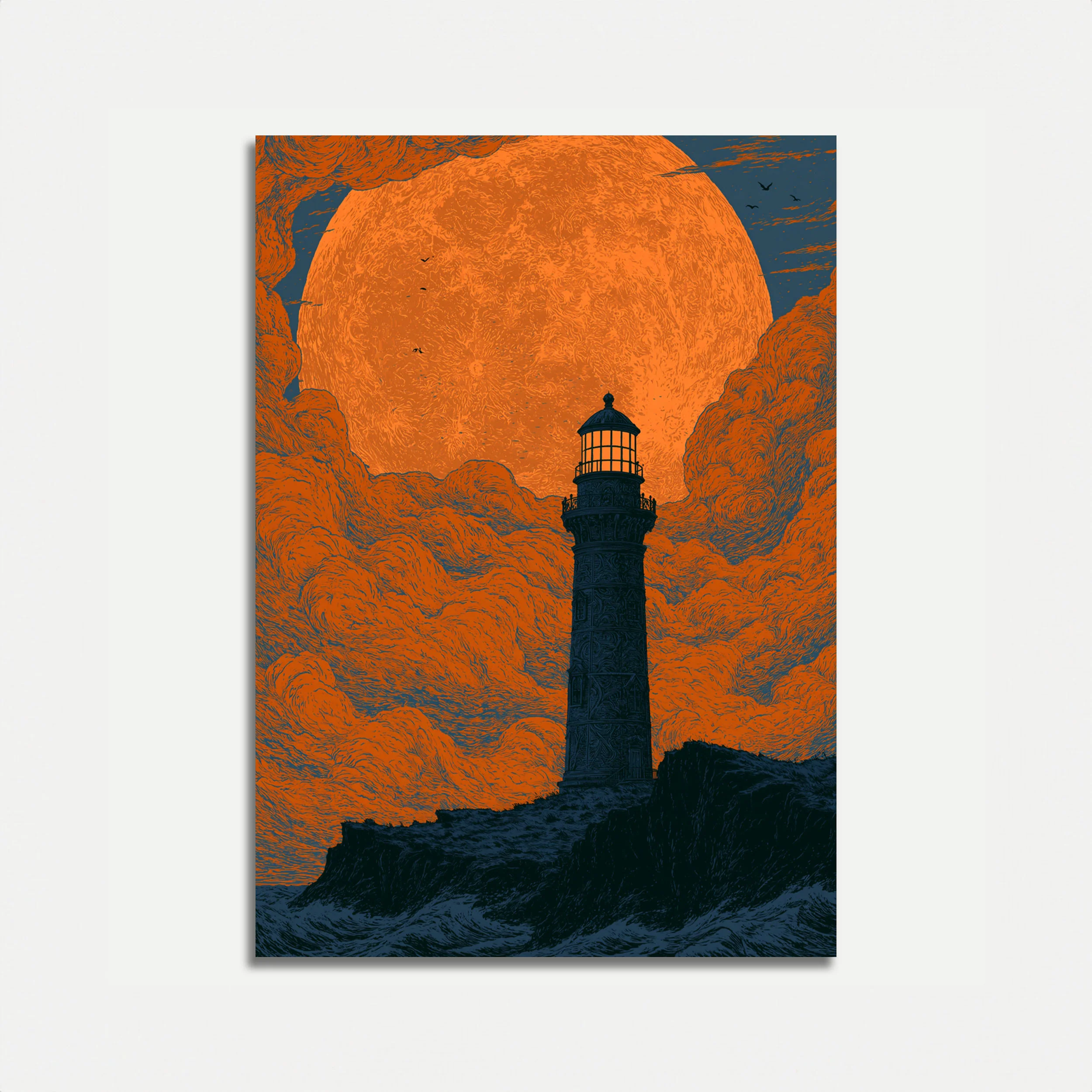 Lighthouse Under the Harvest Moon Poster