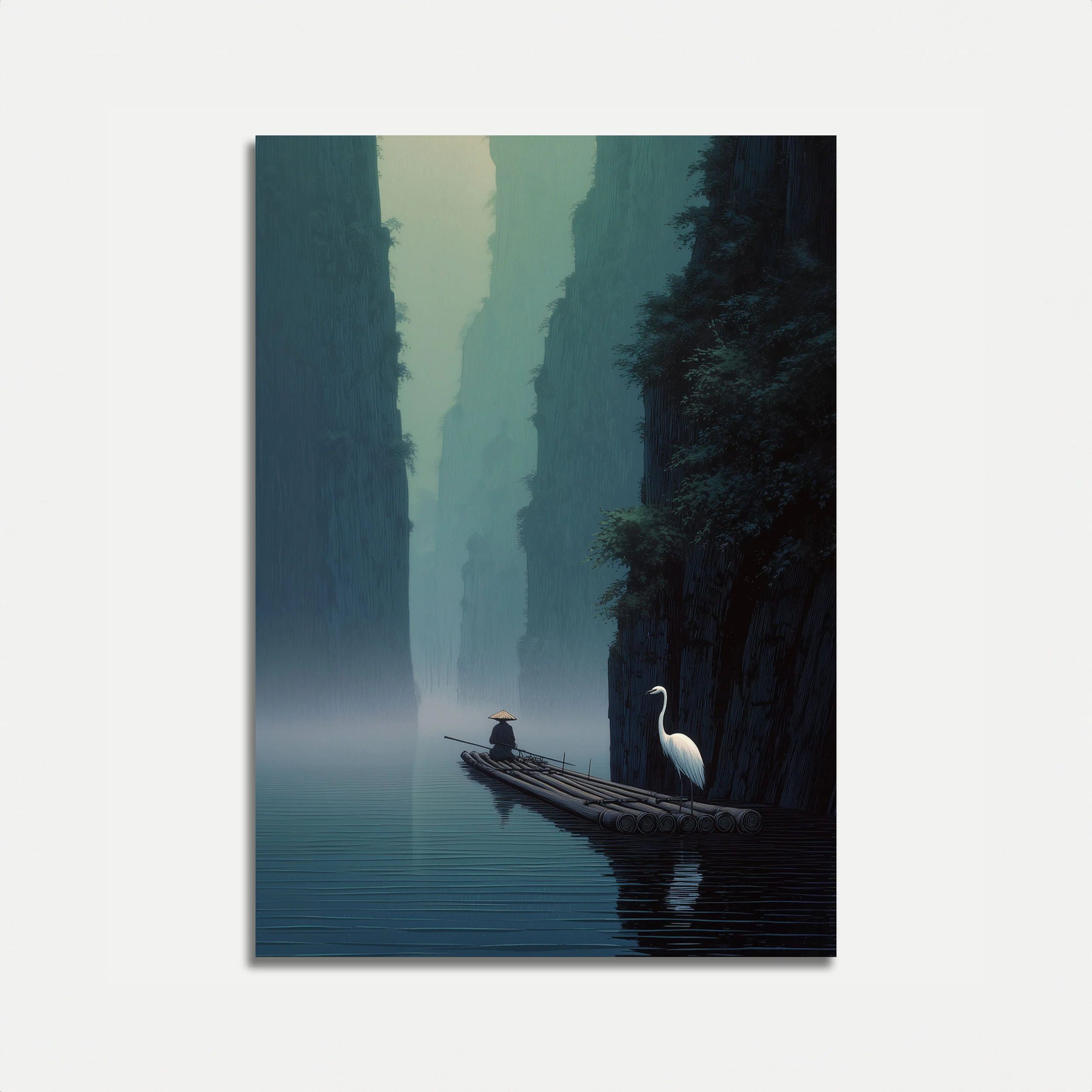 Misty Canyon Bamboo Raft Poster