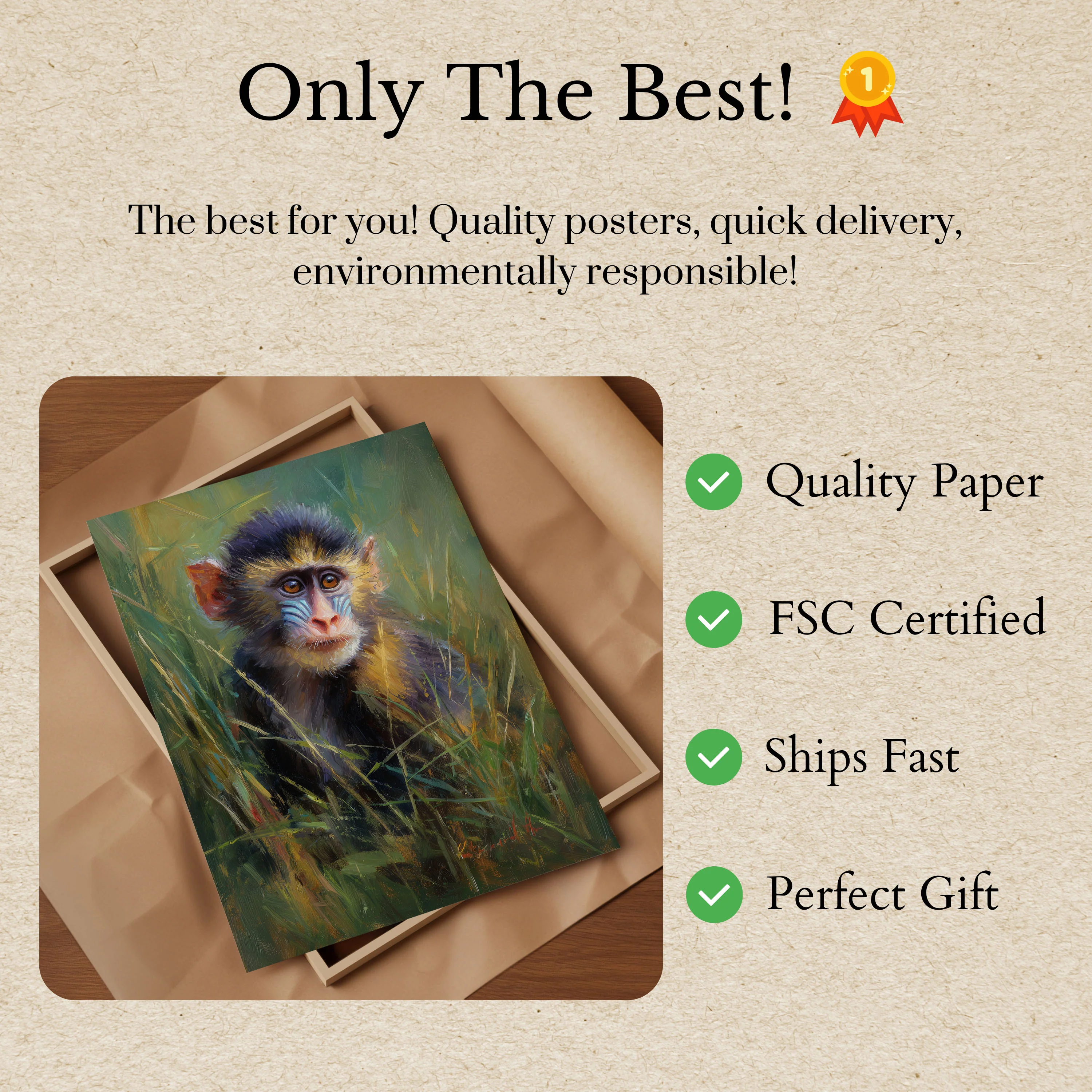 Monkey in Golden Grassland Poster - Image 3