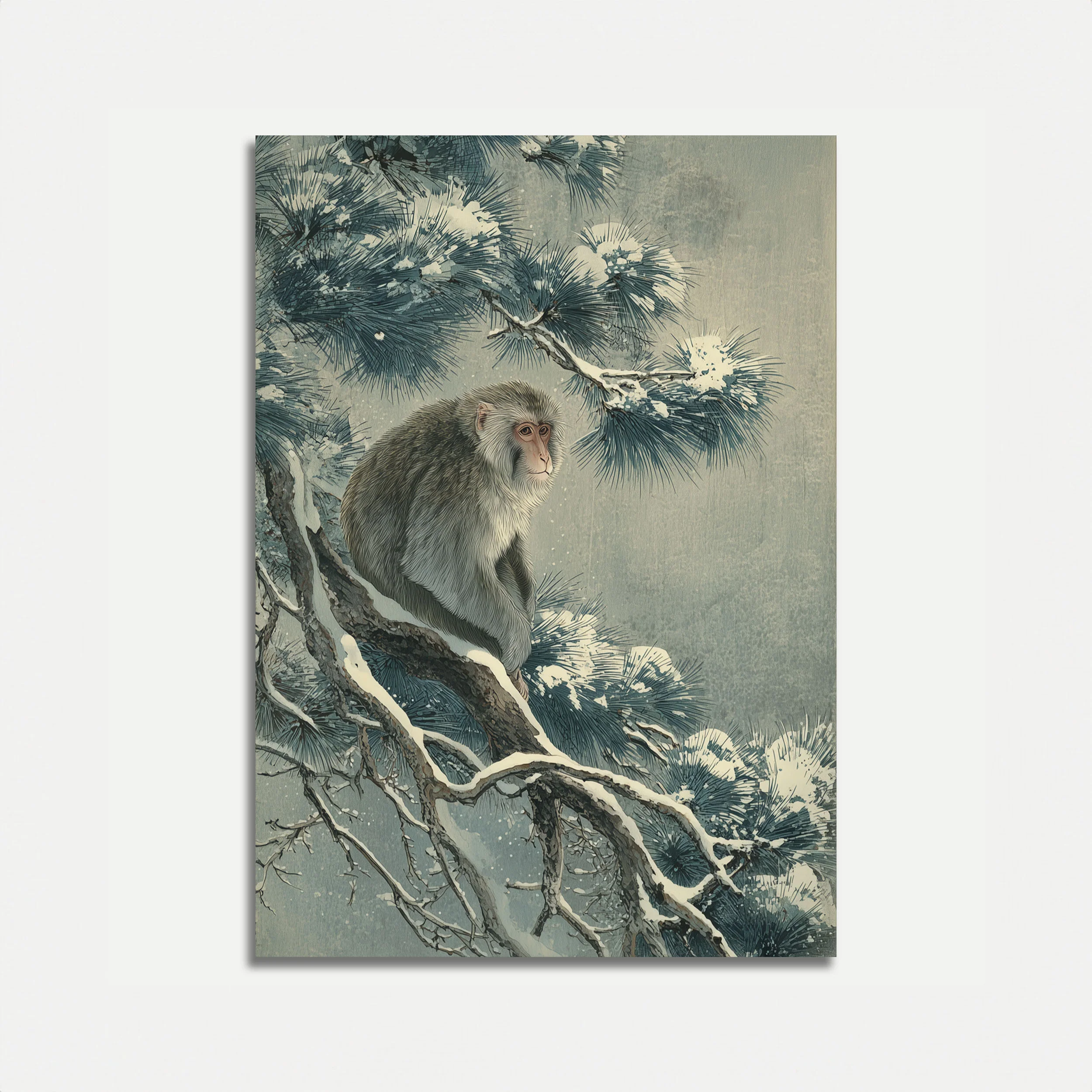 Monkey in Snow Pine Poster