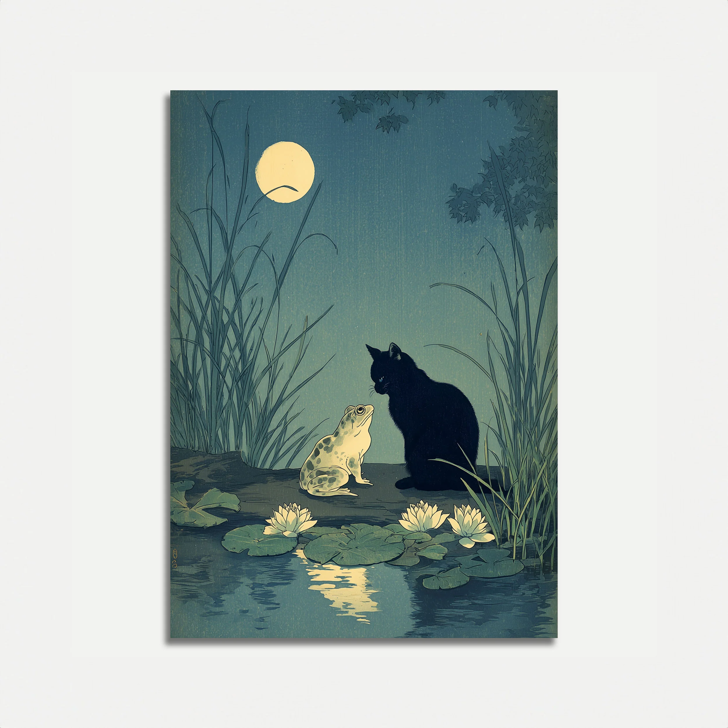 Moonlit Cat and Frog Poster