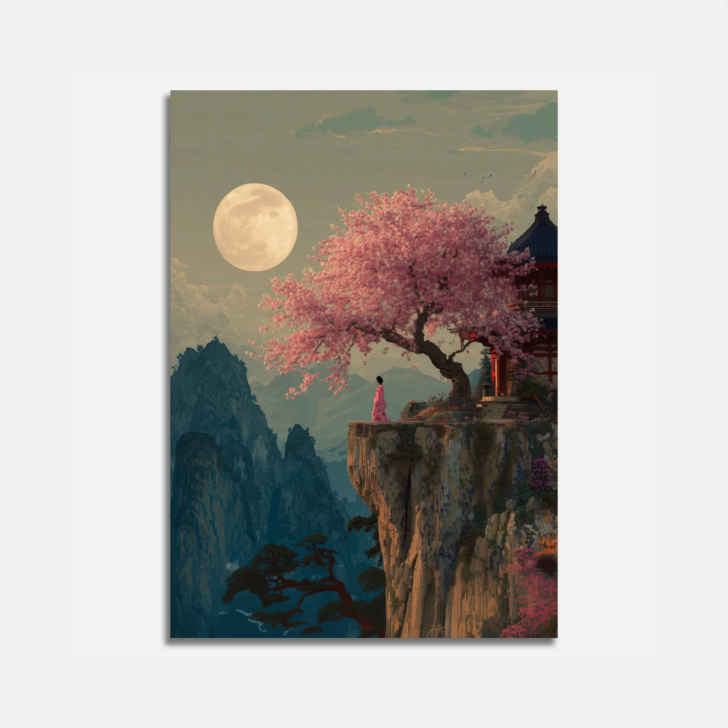 Moonlit Cherry Blossom Cliffside Poster