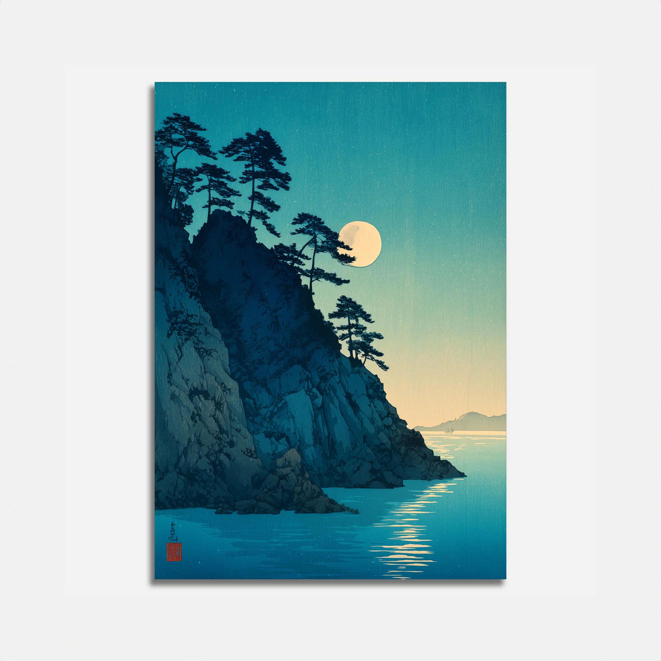 Moonlit Cliff Japanese Landscape Poster