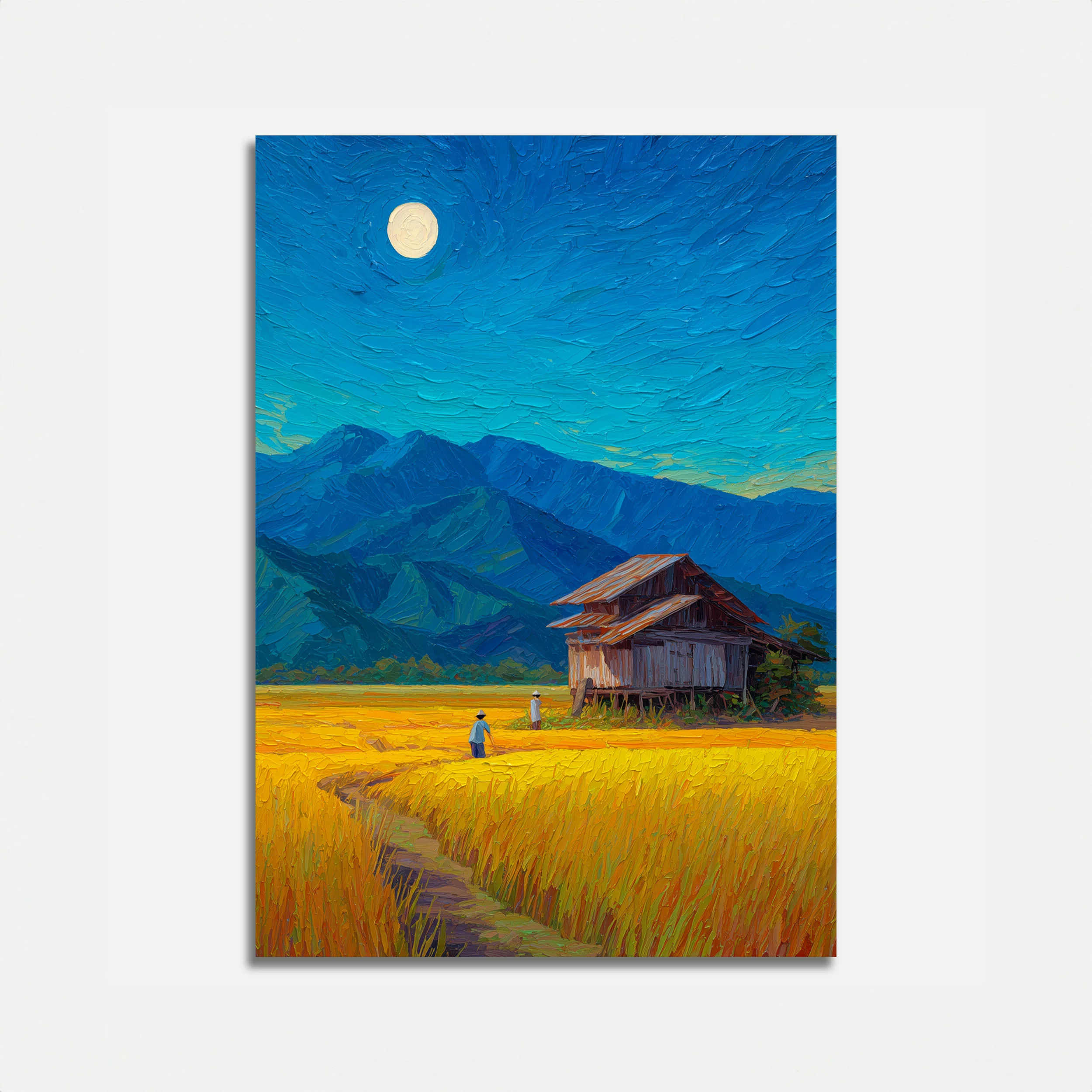 Moonlit Farmhouse Mountain Landscape Poster