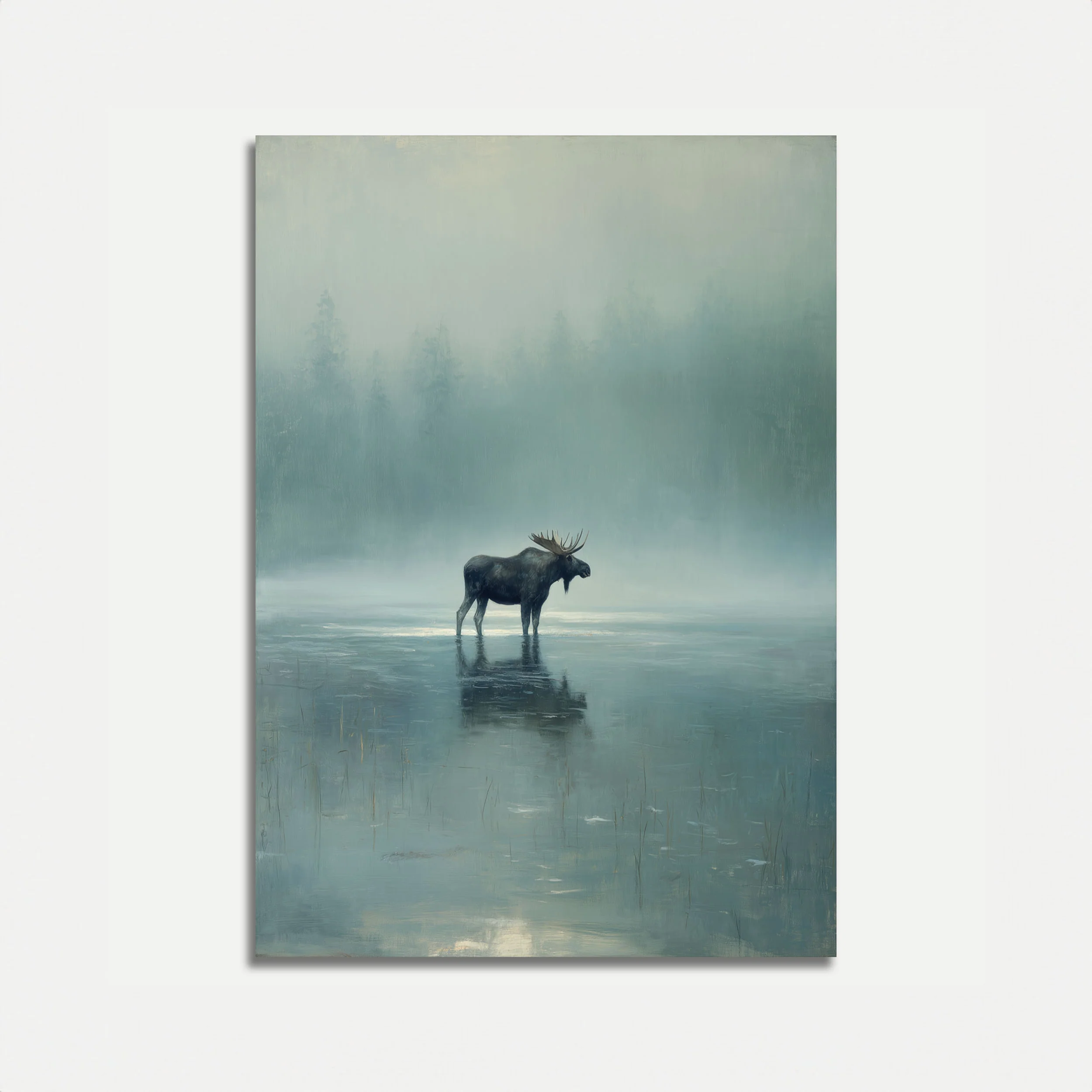 Moose in Misty Lake Poster