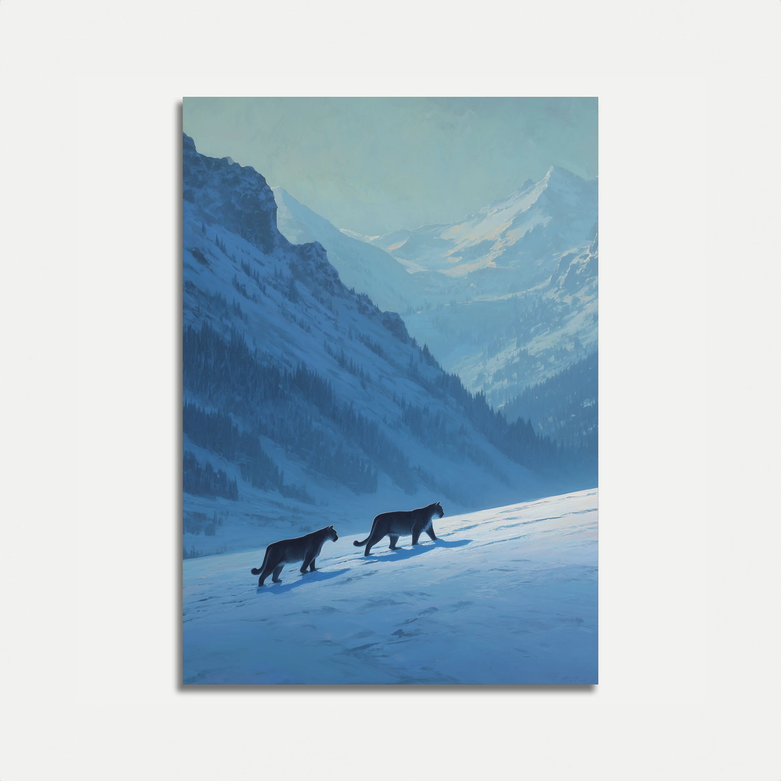 Mountain Lions in Alpine Snow Poster