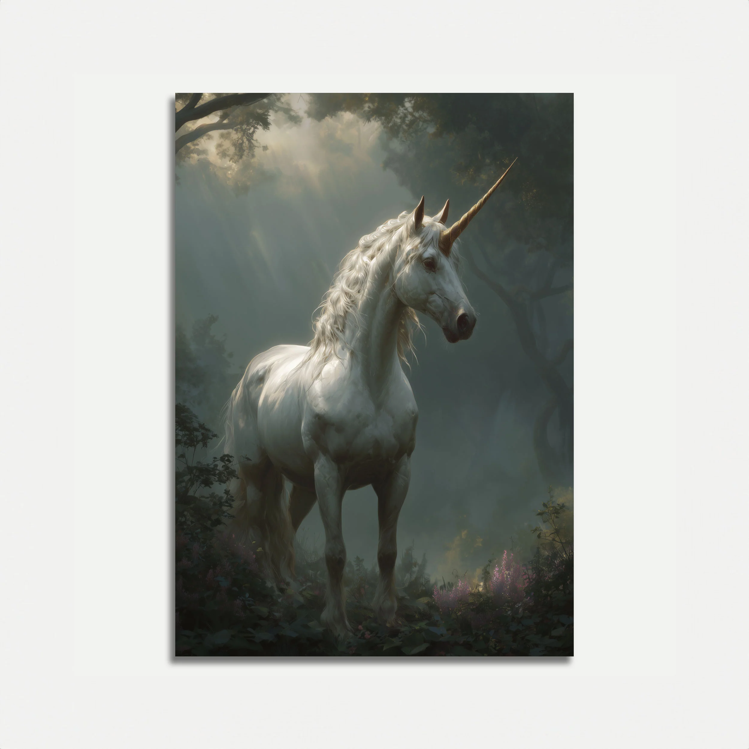 Mystical White Unicorn Forest Poster
