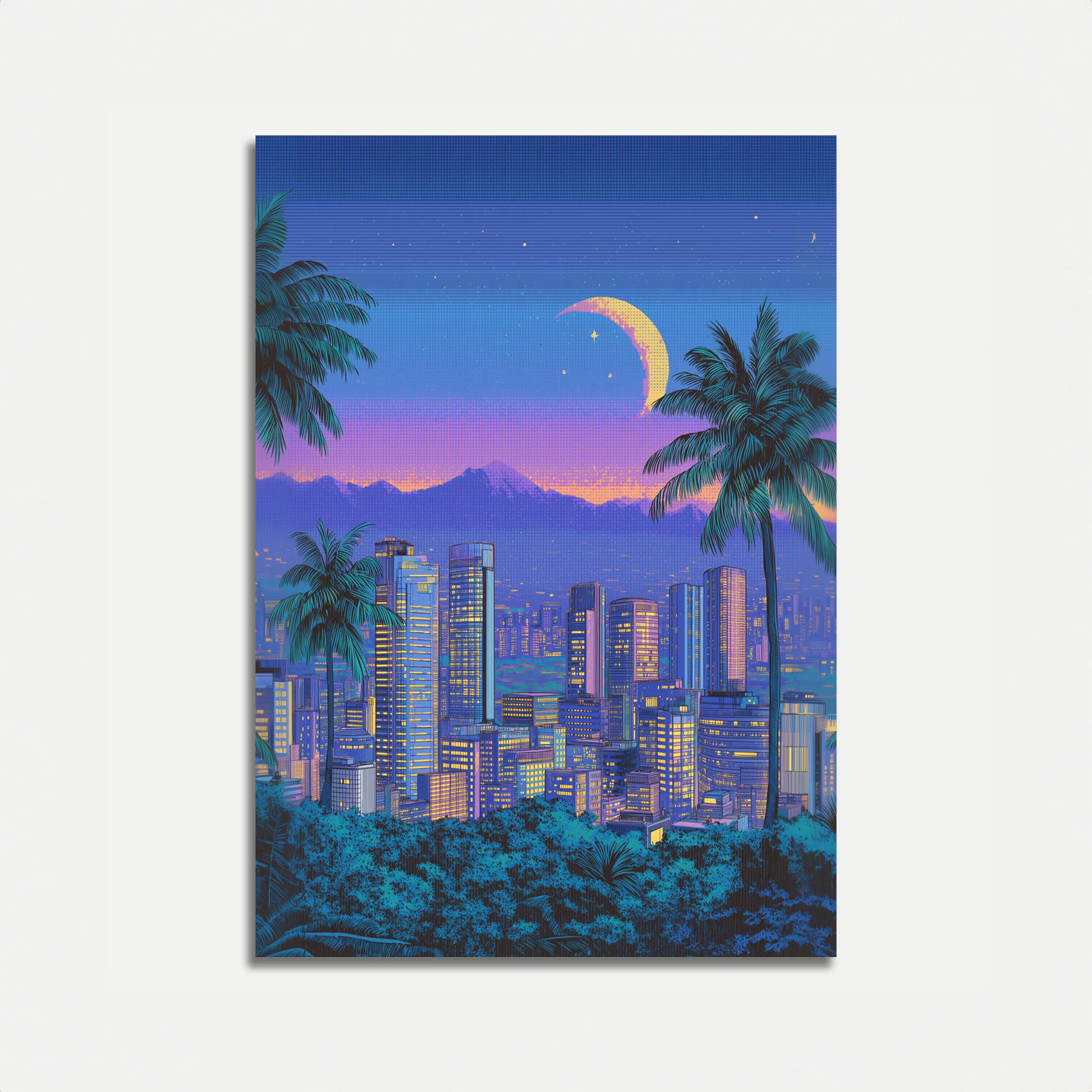 Neon City Skyline Night Poster