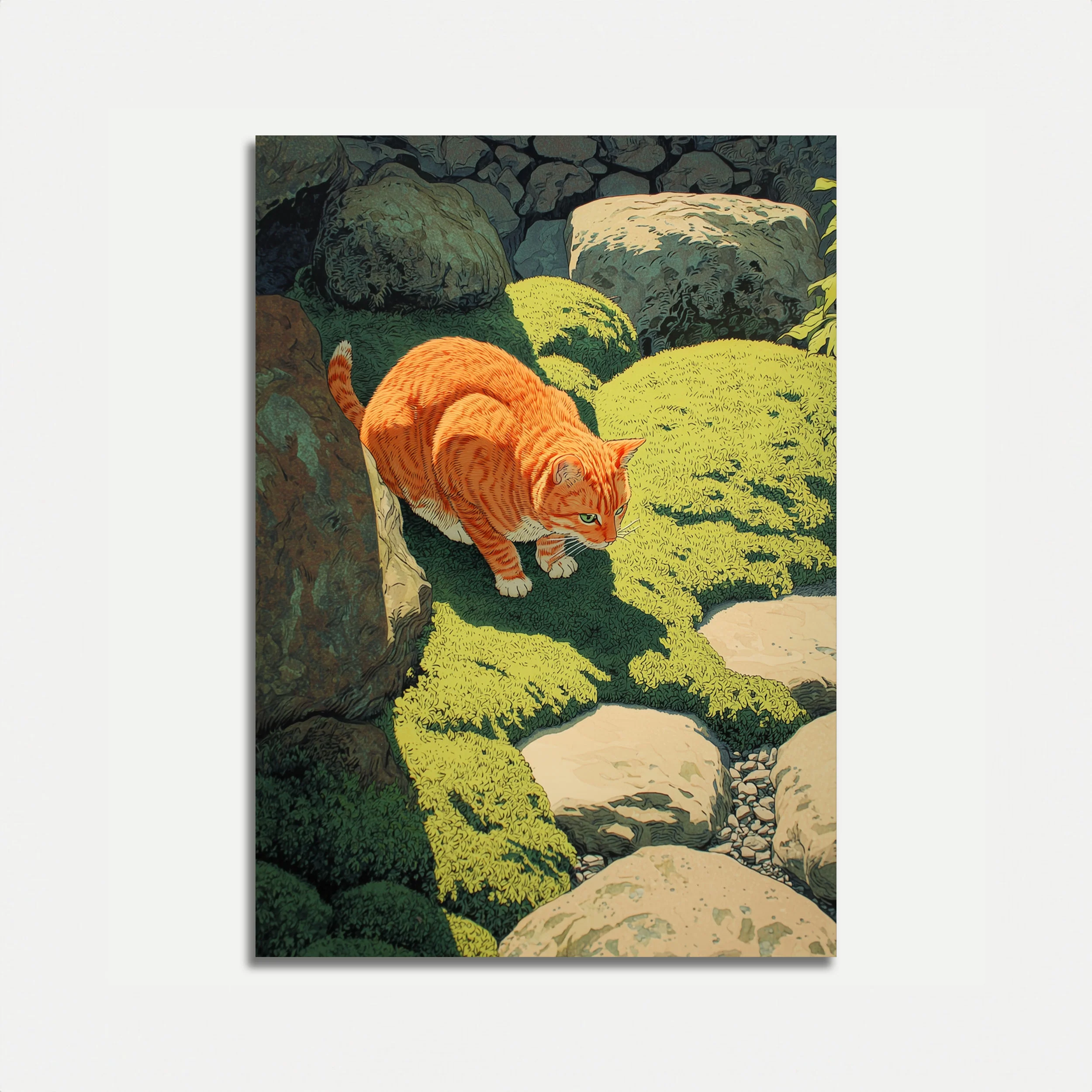 Orange Cat Among Moss Rocks Poster