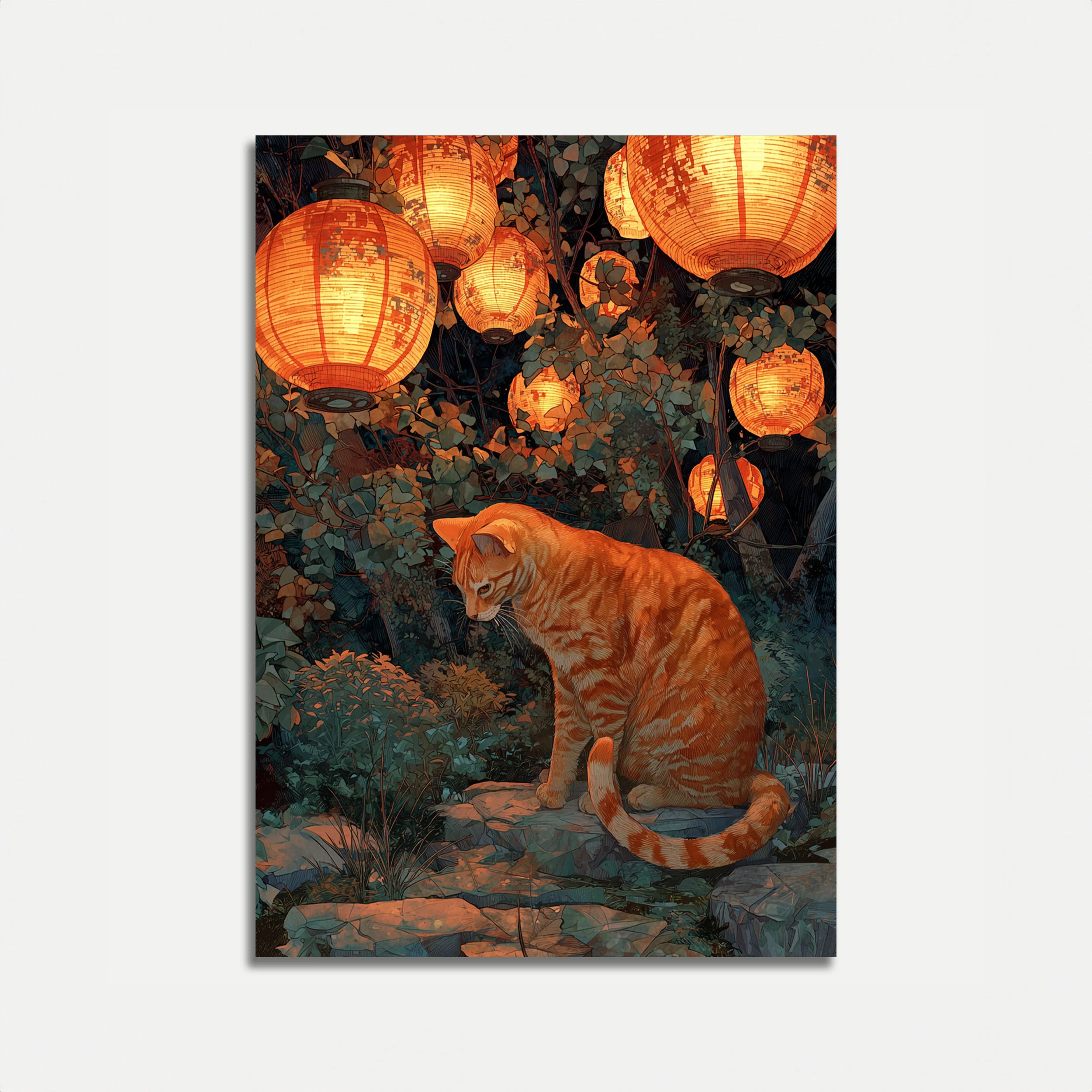 Orange Cat in Lantern Garden Poster