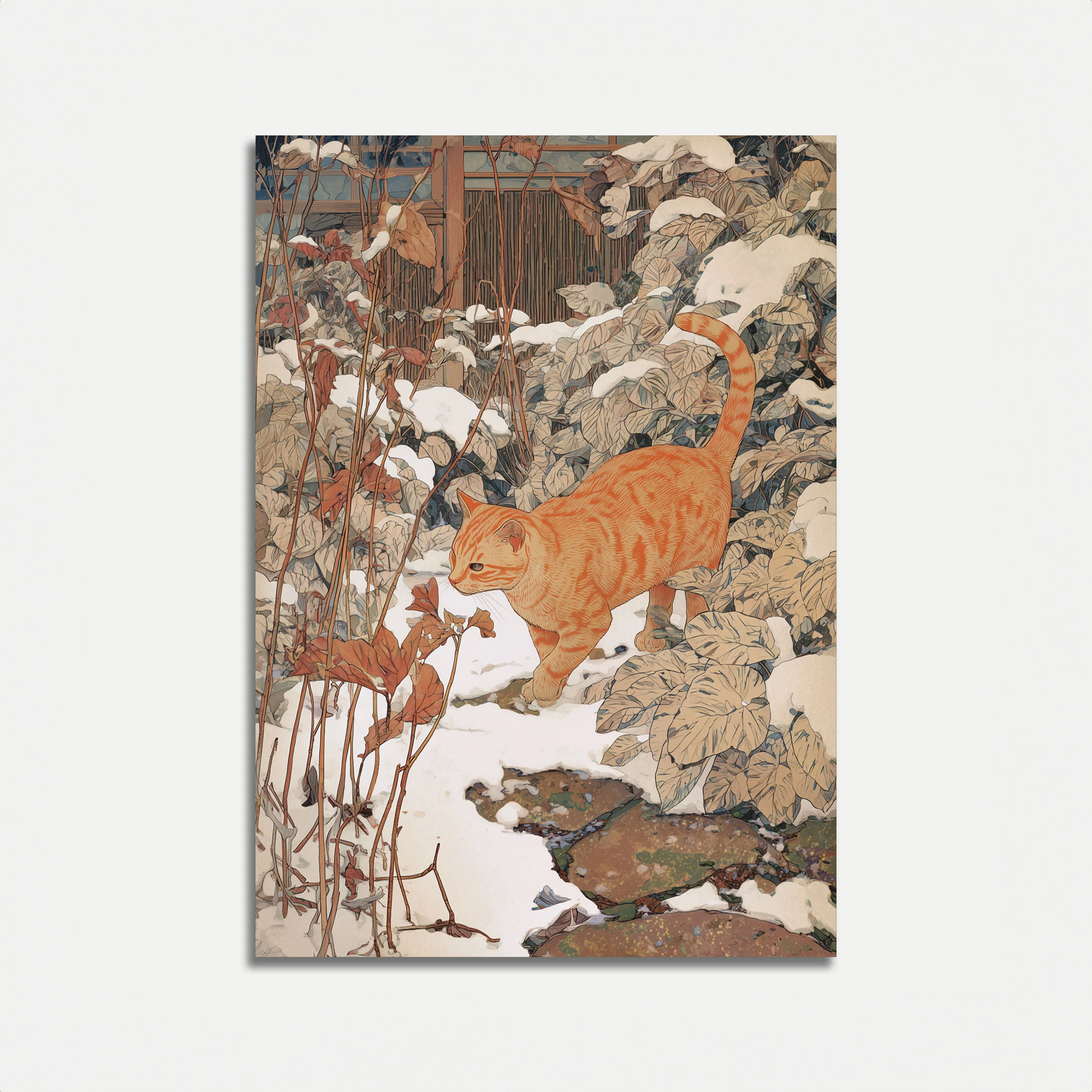 Orange Cat in Winter Garden Poster