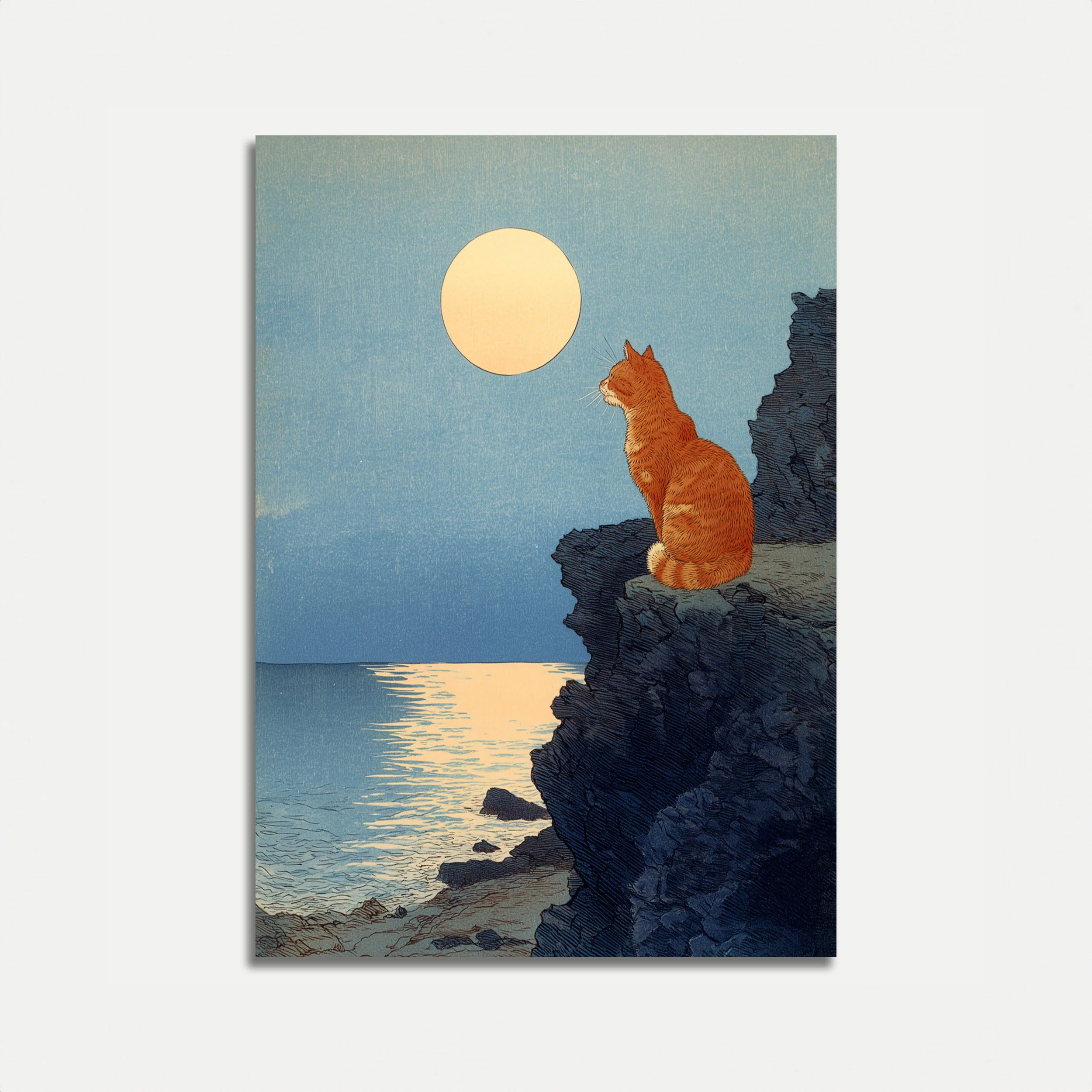 Orange Cat Moonlit Cliffs Poster