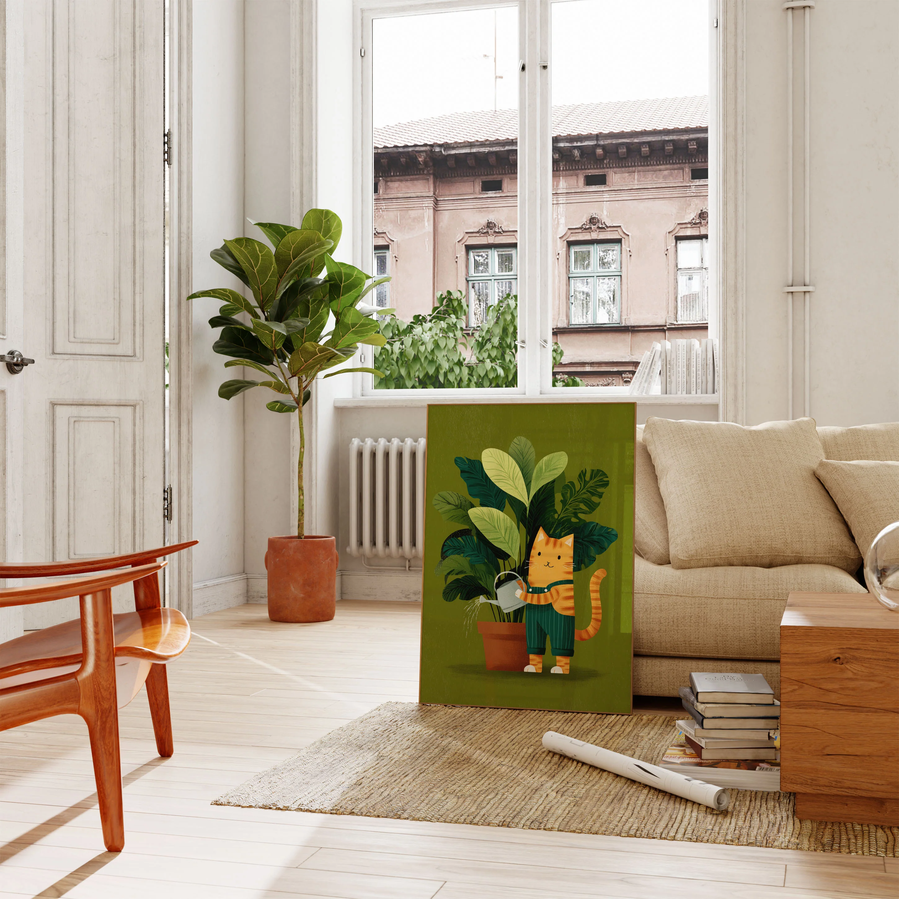 Orange Cat Watering Plants Poster - Image 2