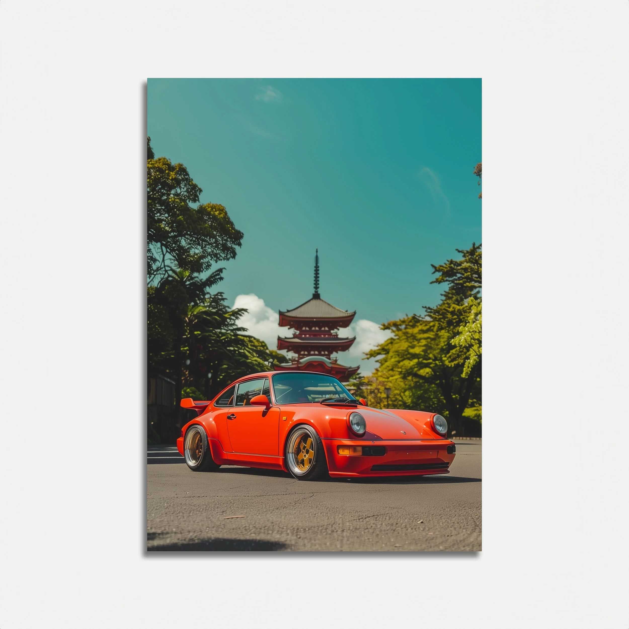 Orange Porsche Tokyo Pagoda Poster
