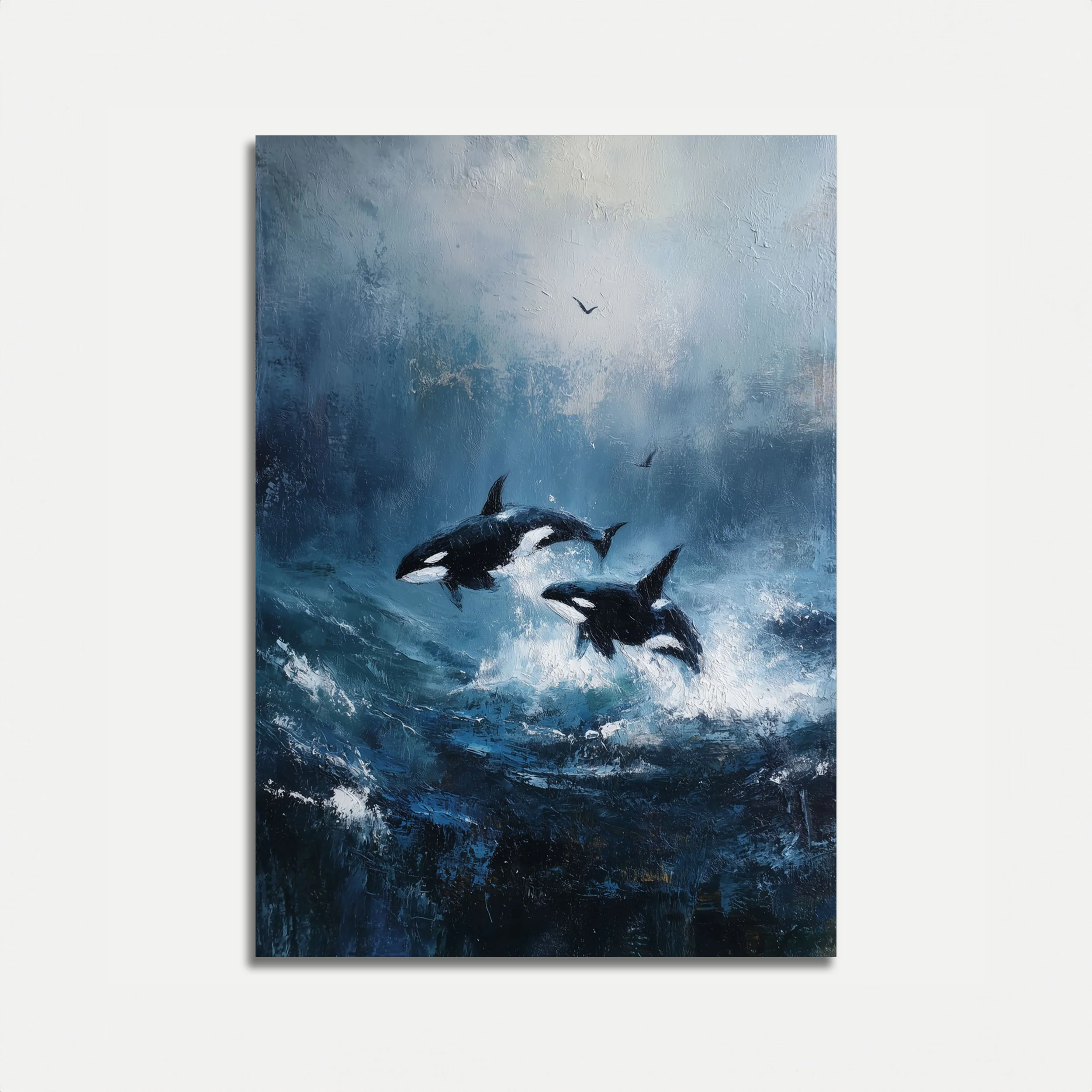 Orcas Leaping Through Ocean Poster