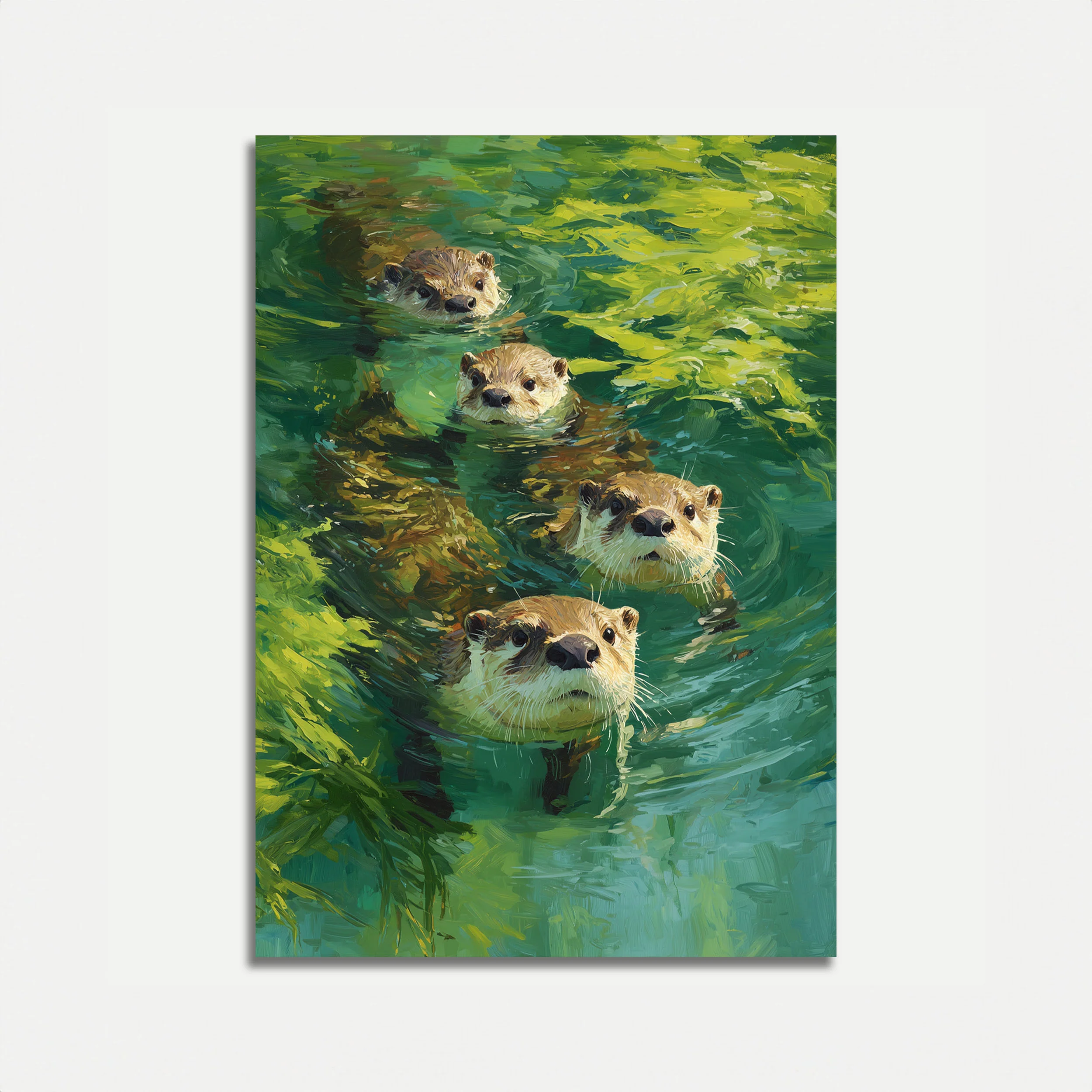 Otters Swimming in Green Water Poster