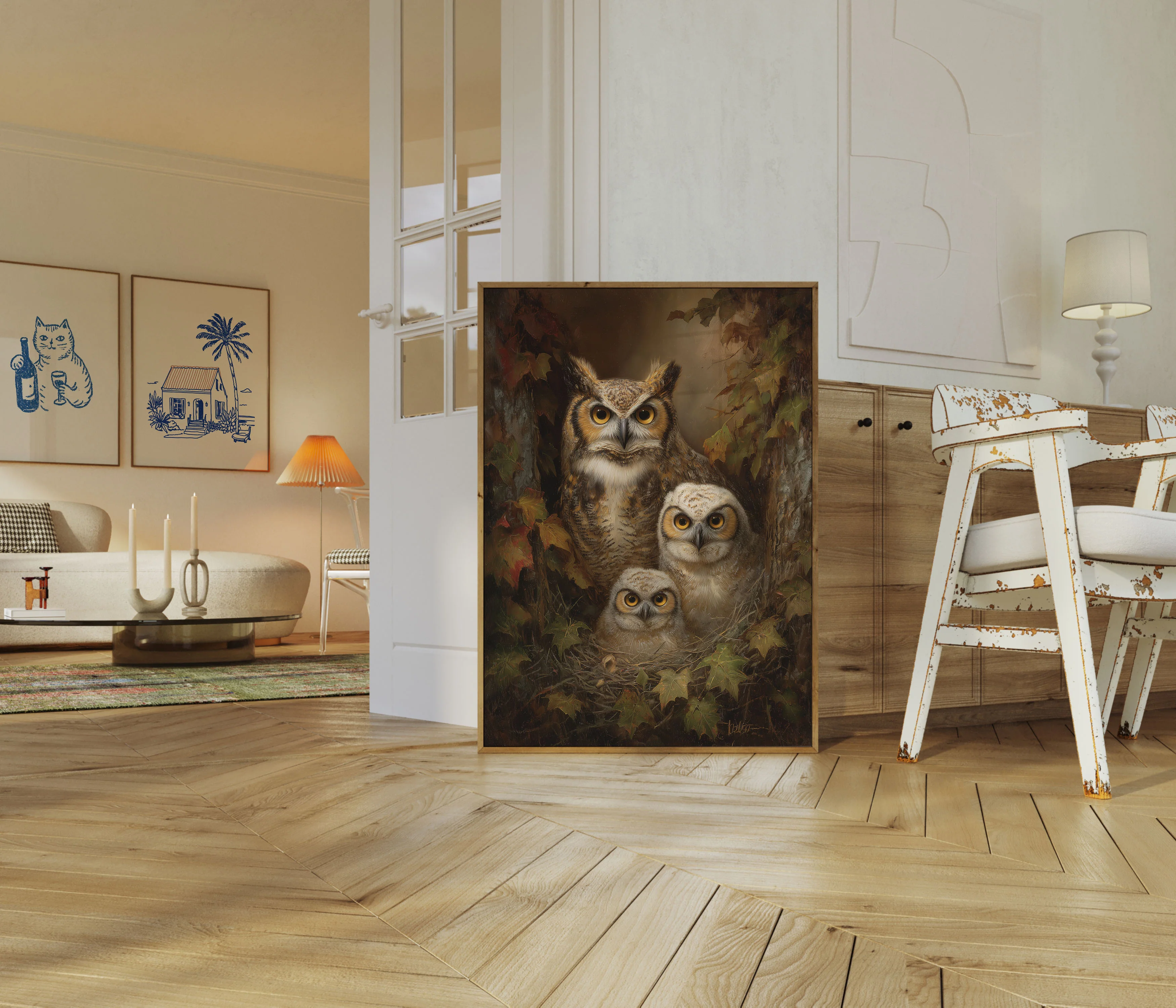 Owl Family in Autumn Forest Poster - Image 5