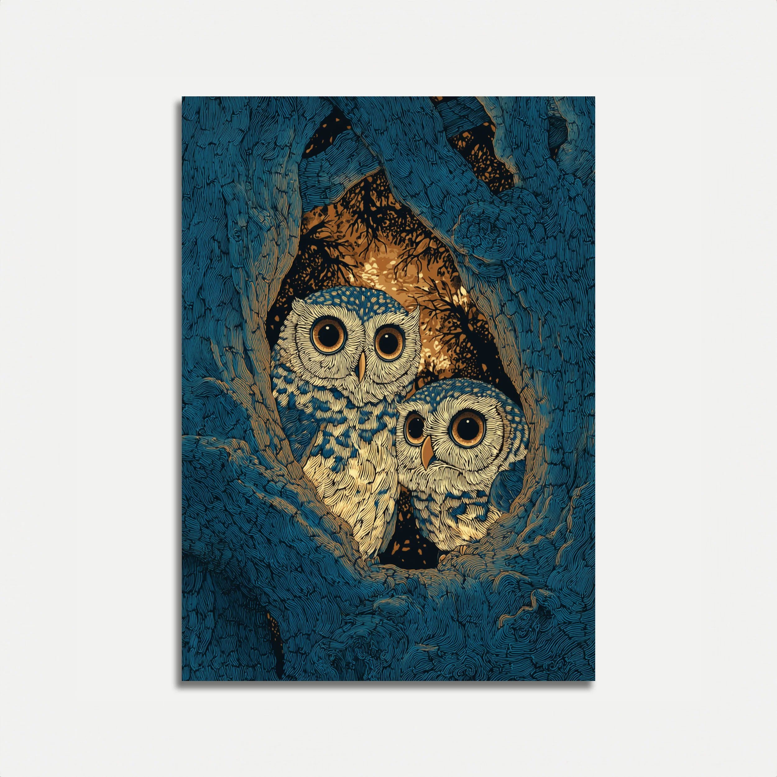 Owls in Hollow Tree Poster