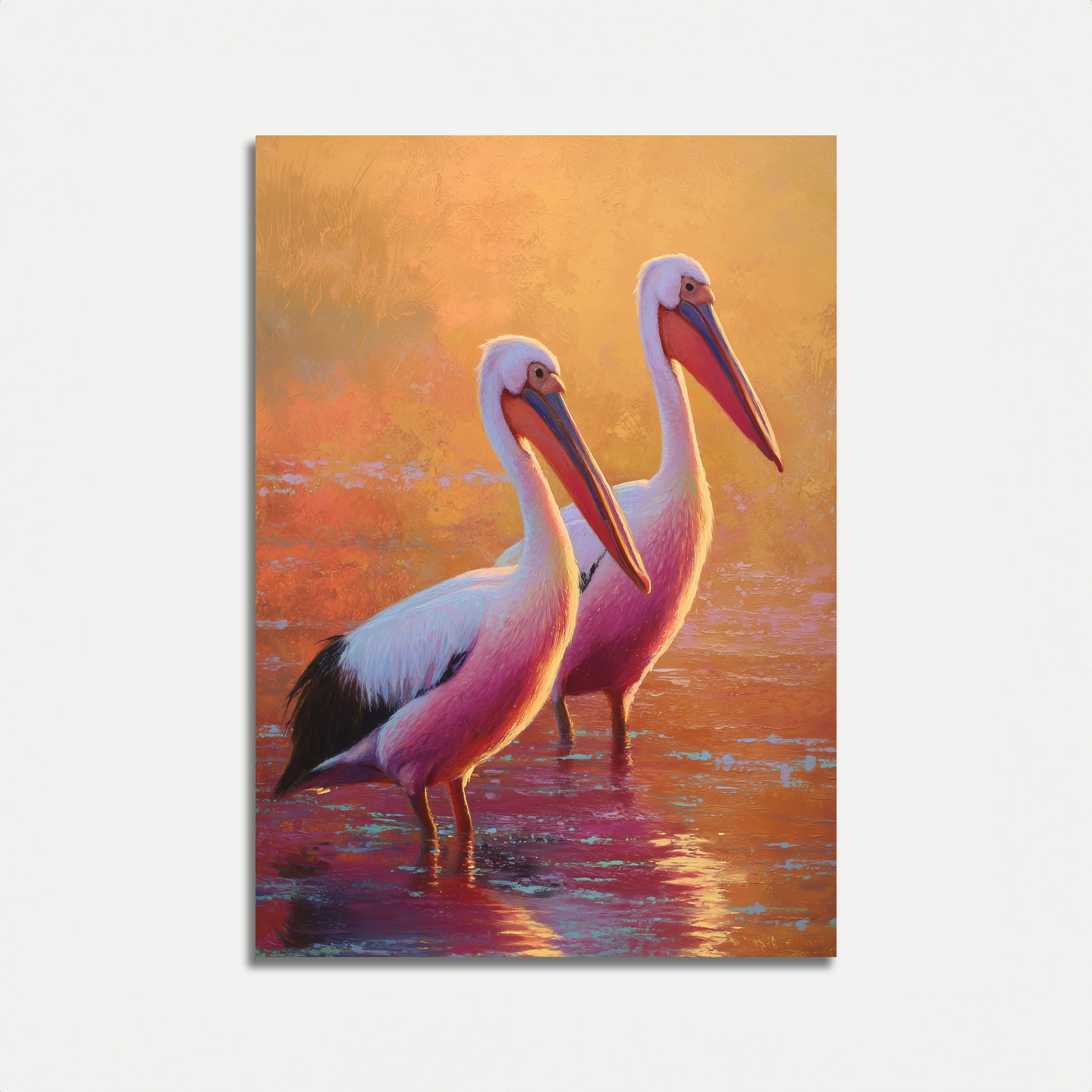 Pelicans at Golden Sunset Poster