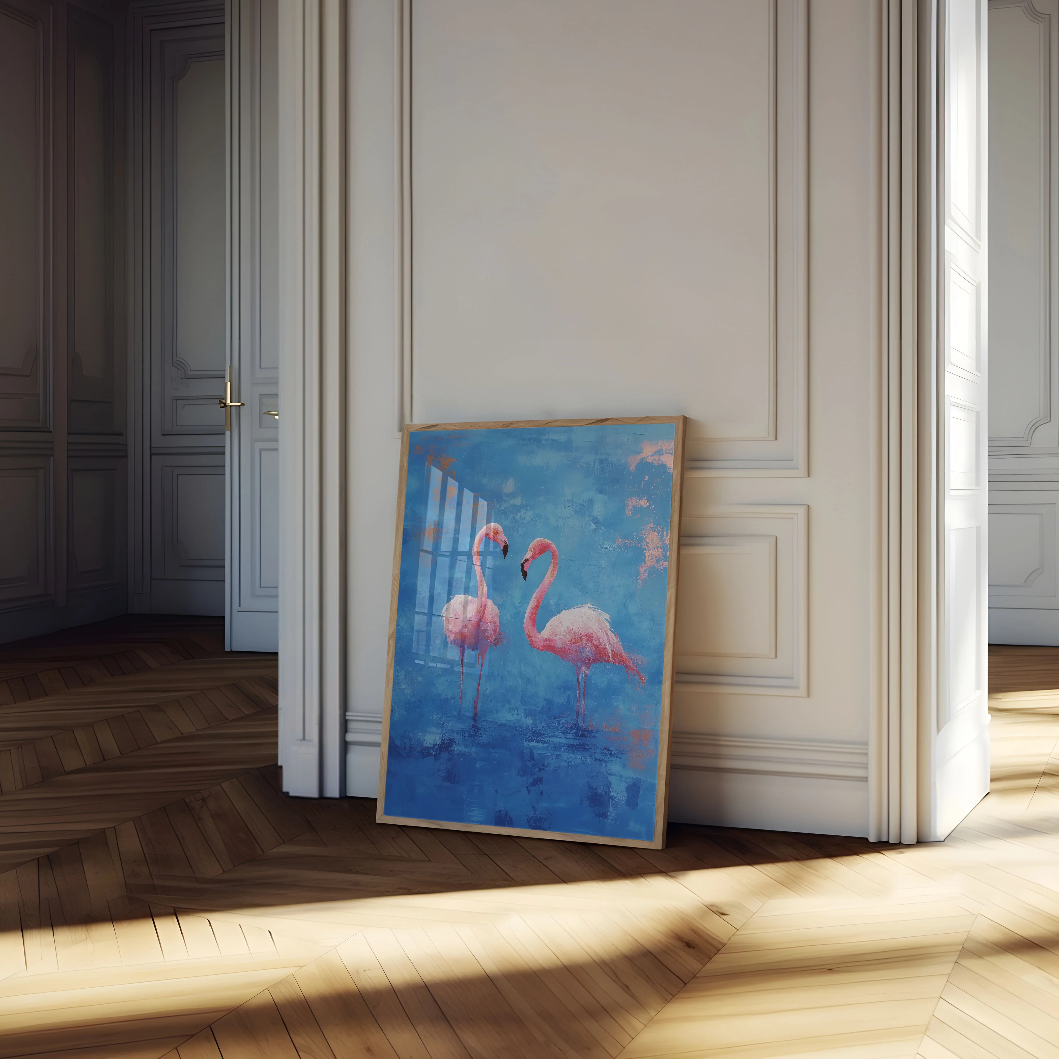 Pink Flamingos Blue Canvas Poster - Image 4