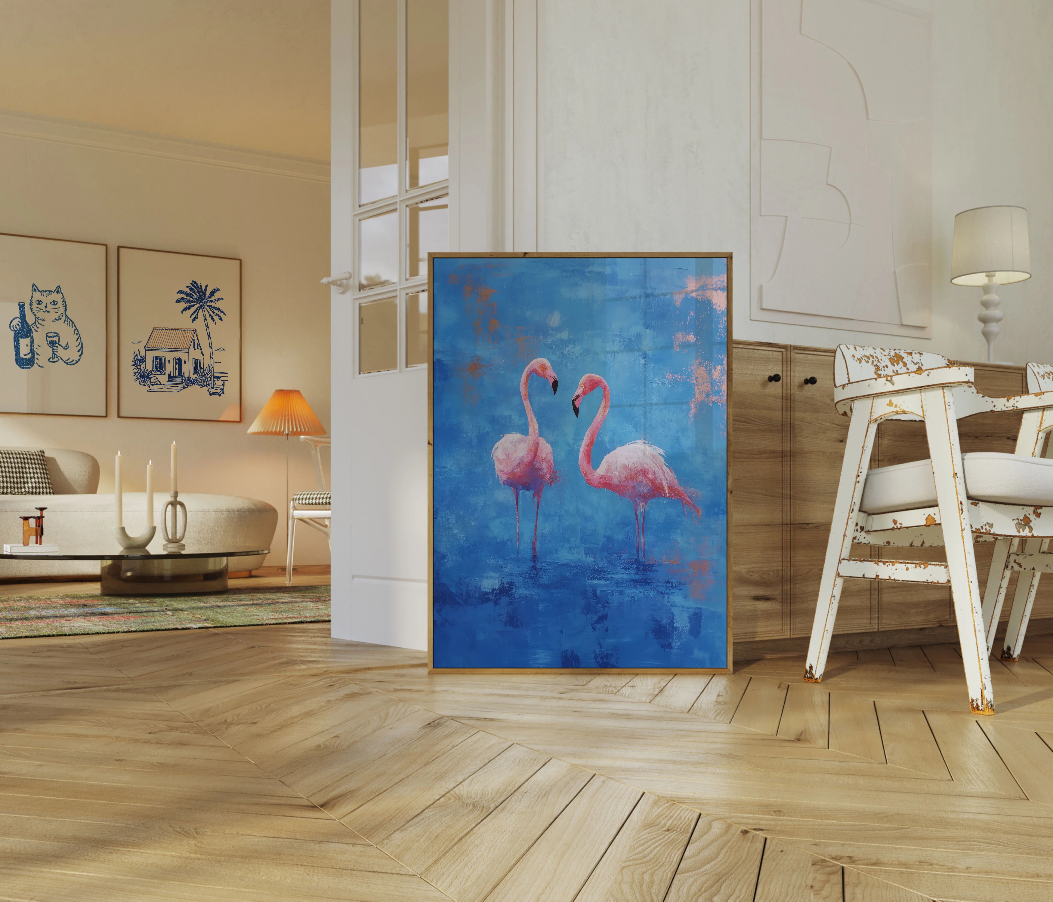Pink Flamingos Blue Canvas Poster - Image 5