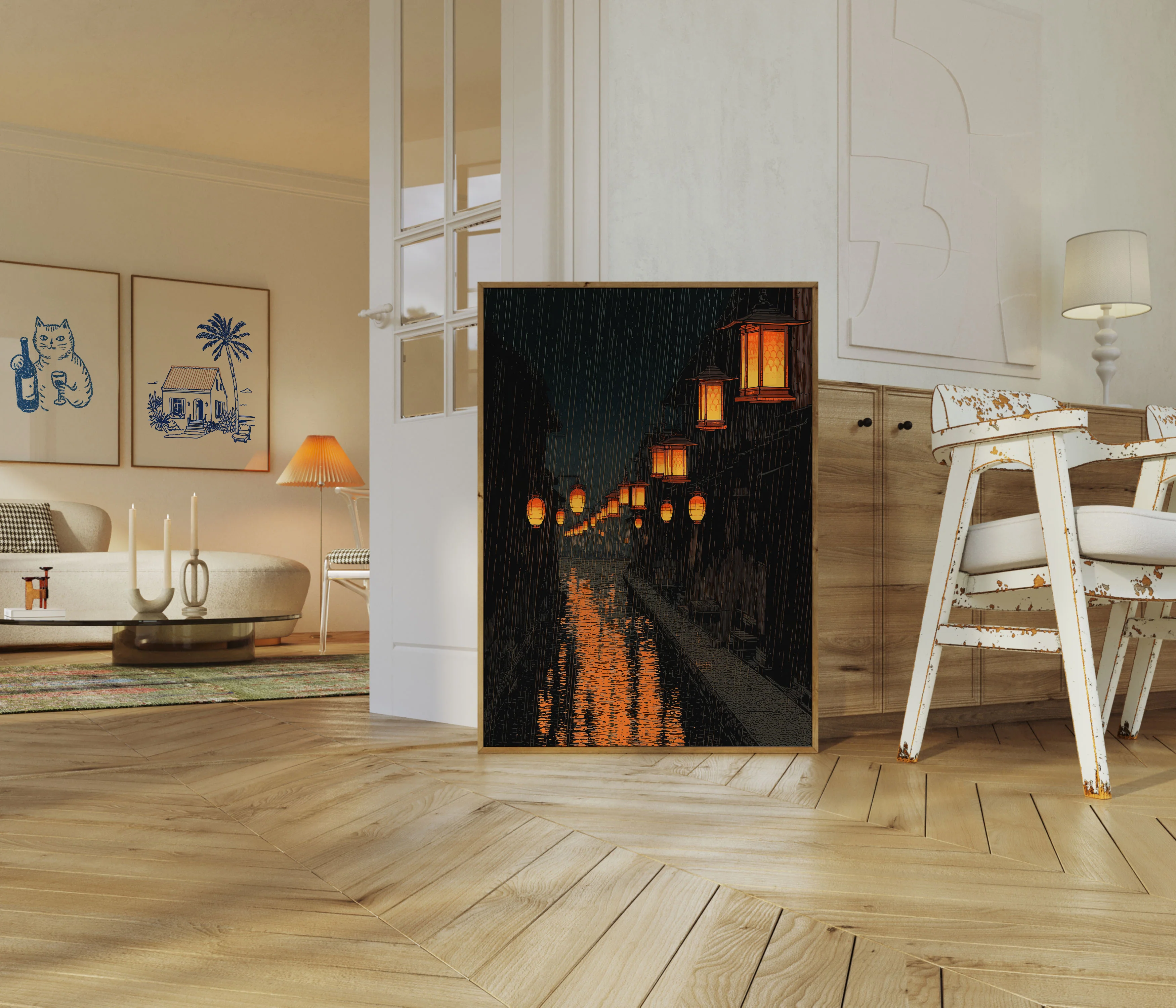Rainy Street Lanterns at Night Poster - Image 5