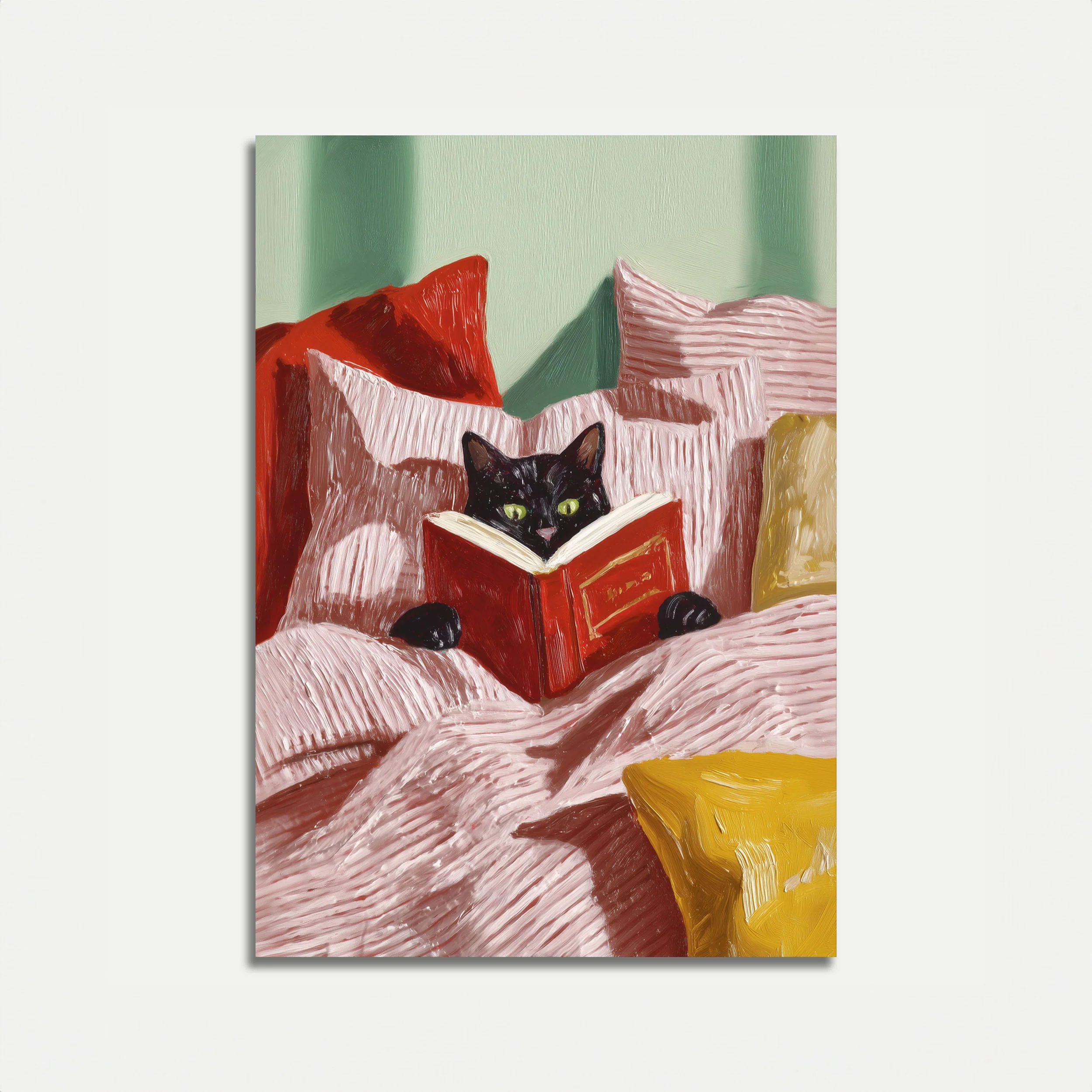 Reading Cat in Cozy Bed Poster