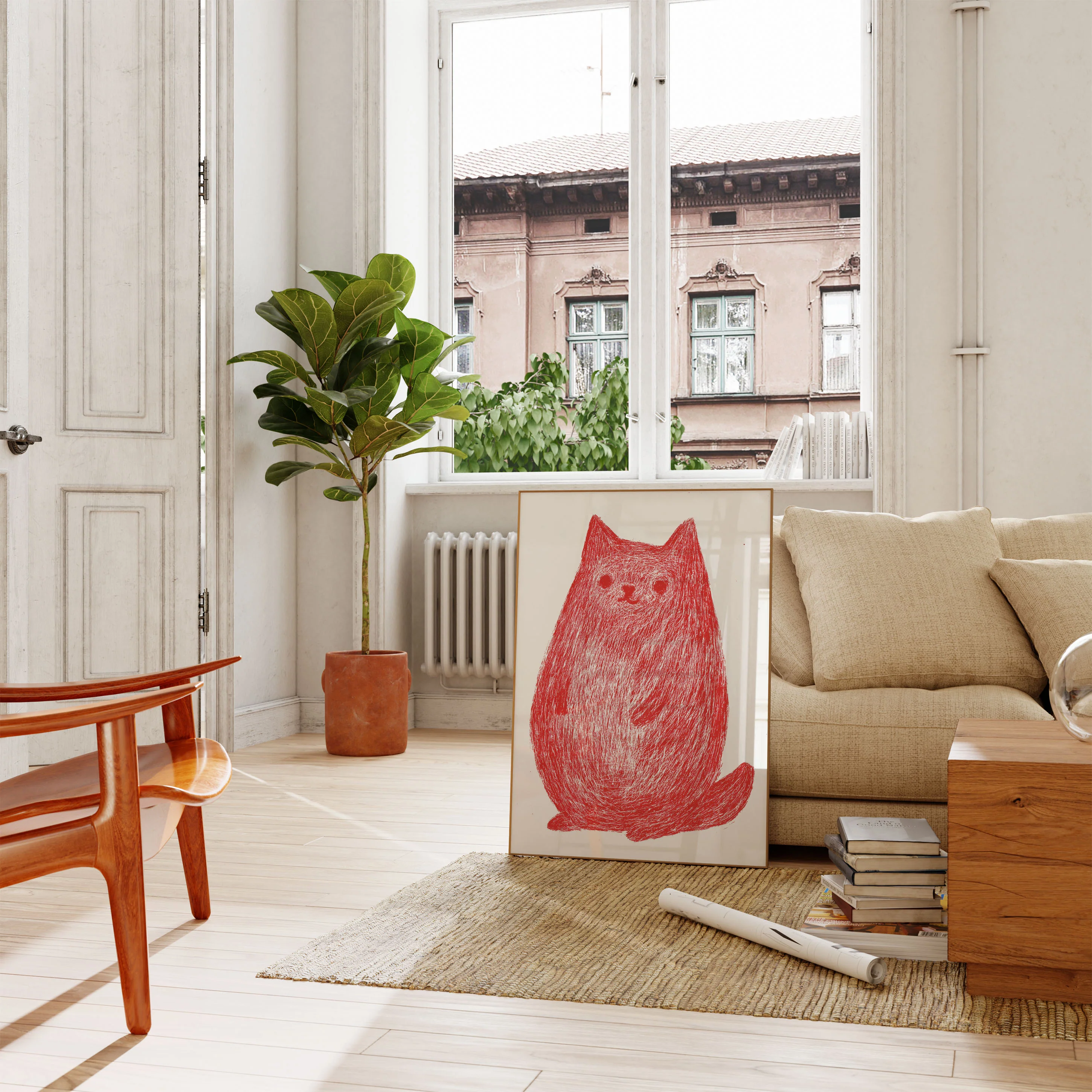 Red Sketched Cat Sitting Poster - Image 2