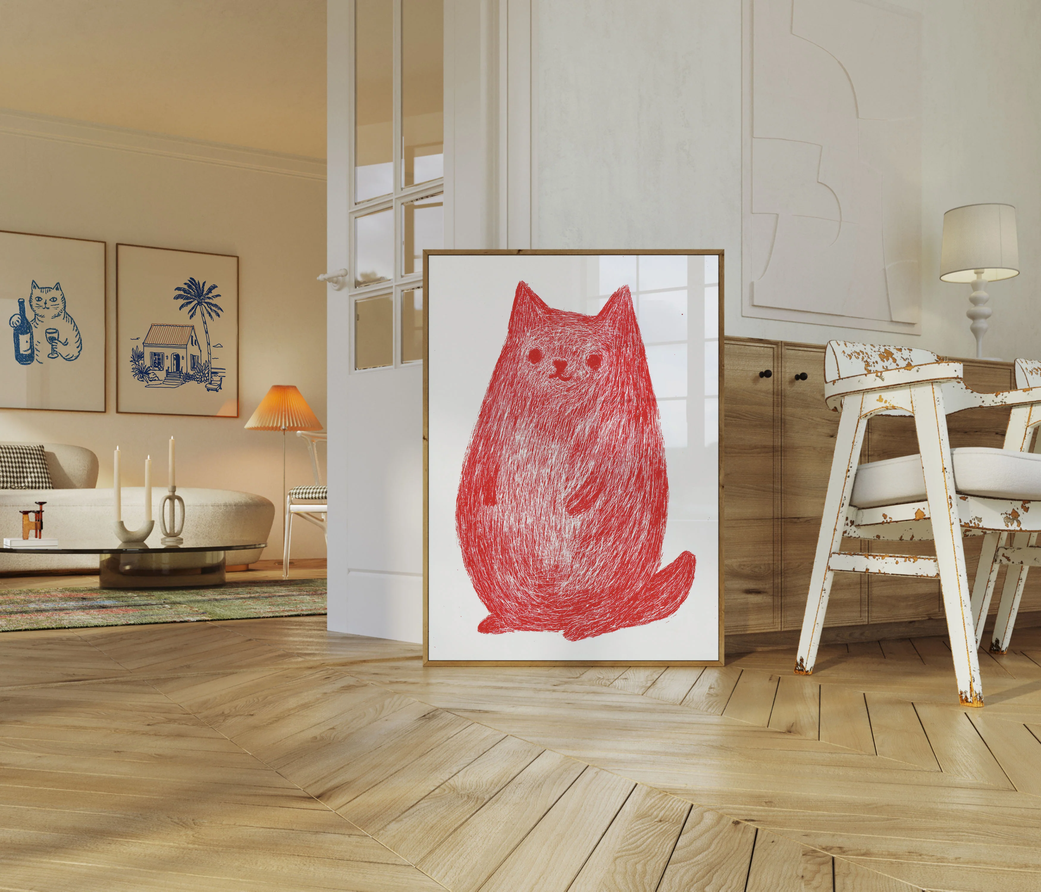 Red Sketched Cat Sitting Poster - Image 5