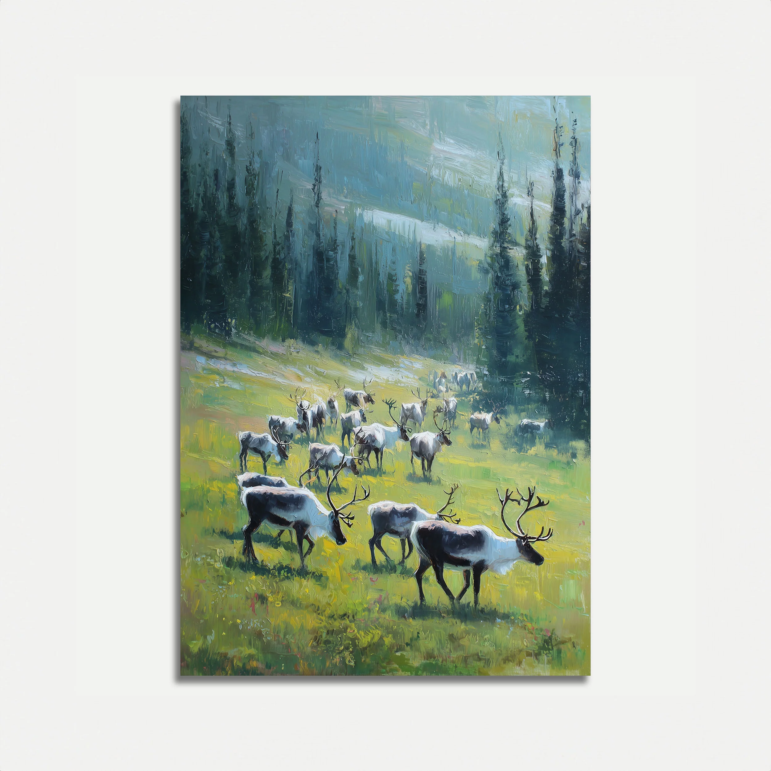 Reindeer Herd in Alpine Forest Poster