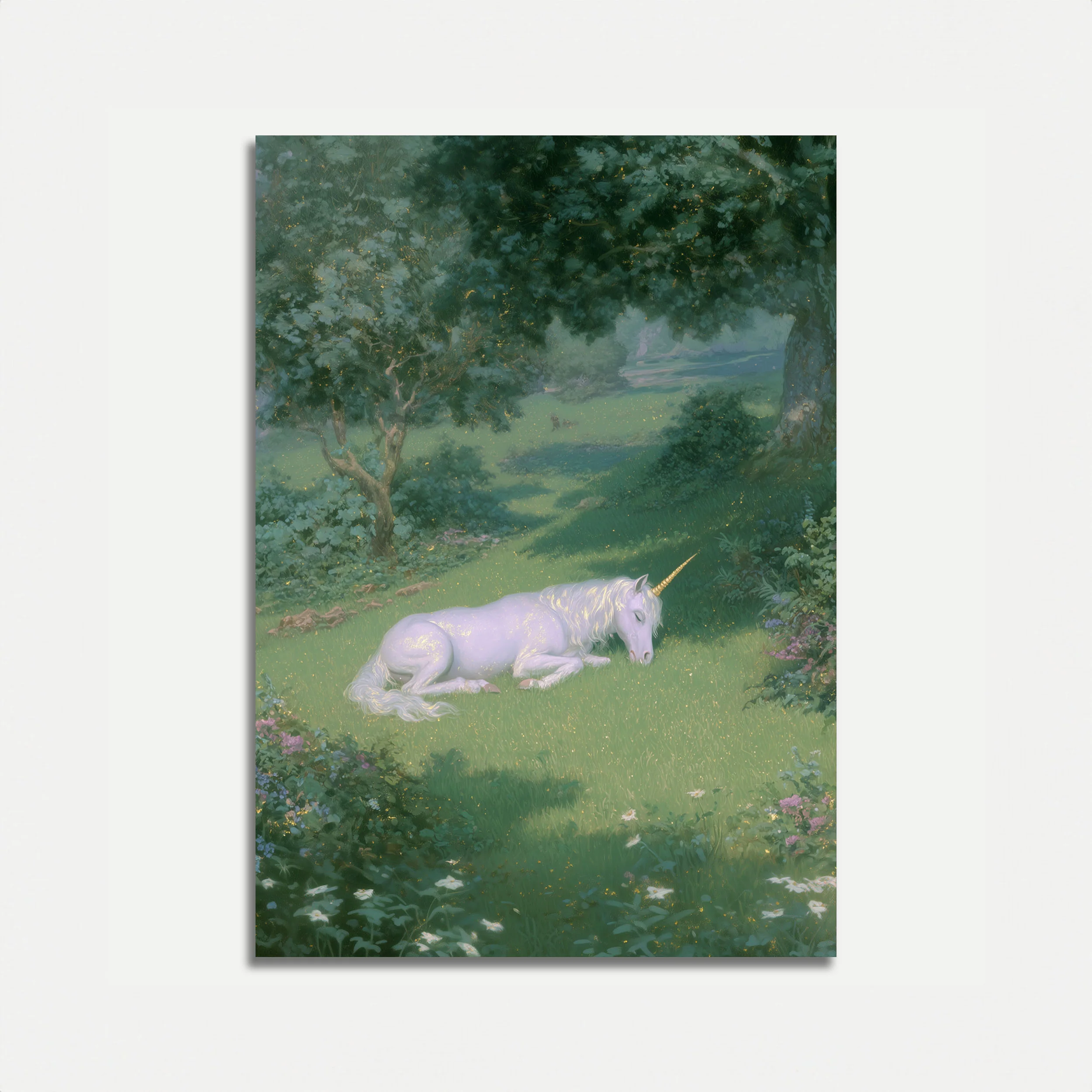Resting Unicorn in Enchanted Forest Poster