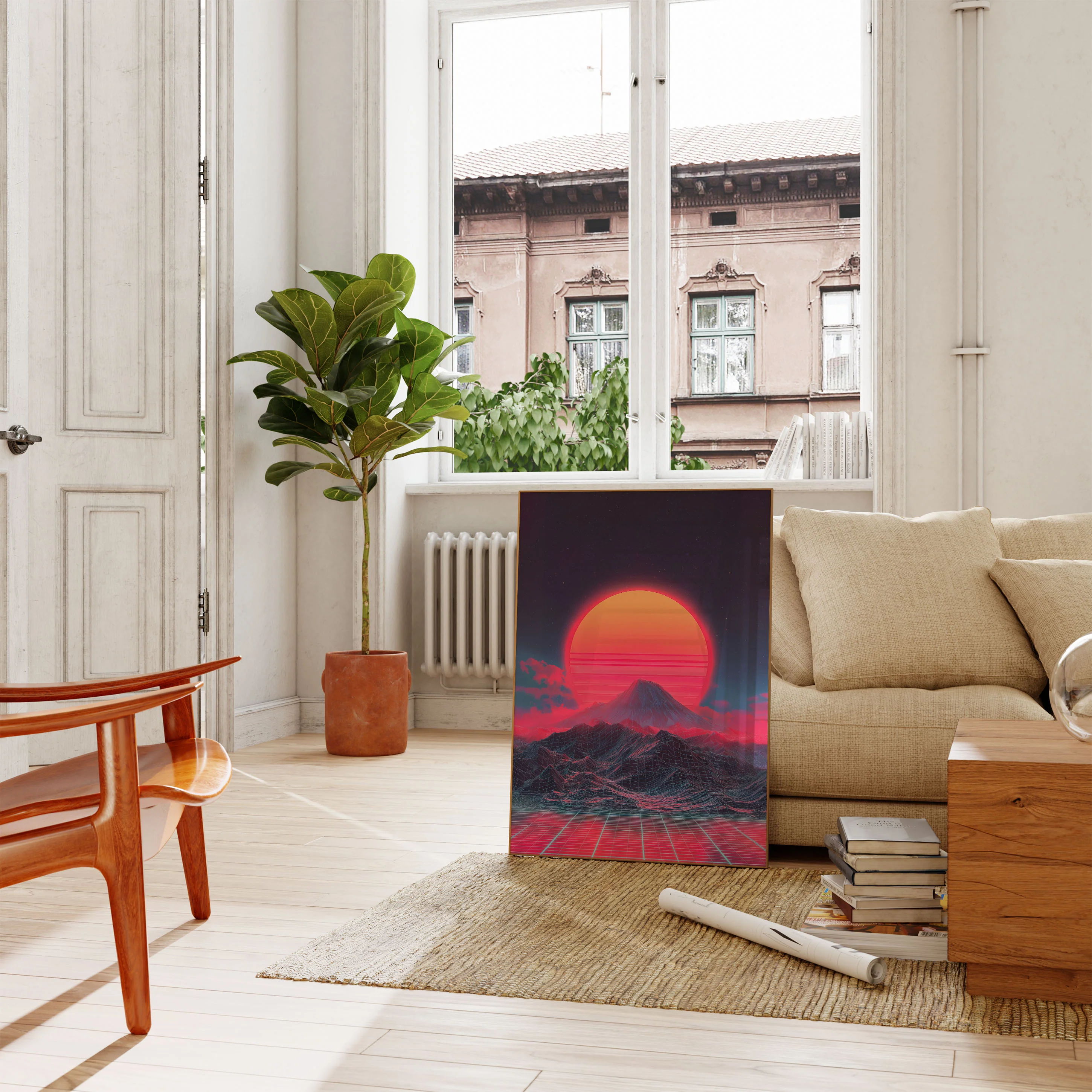 Retro Synthwave Sunset Mountain Poster - Image 2