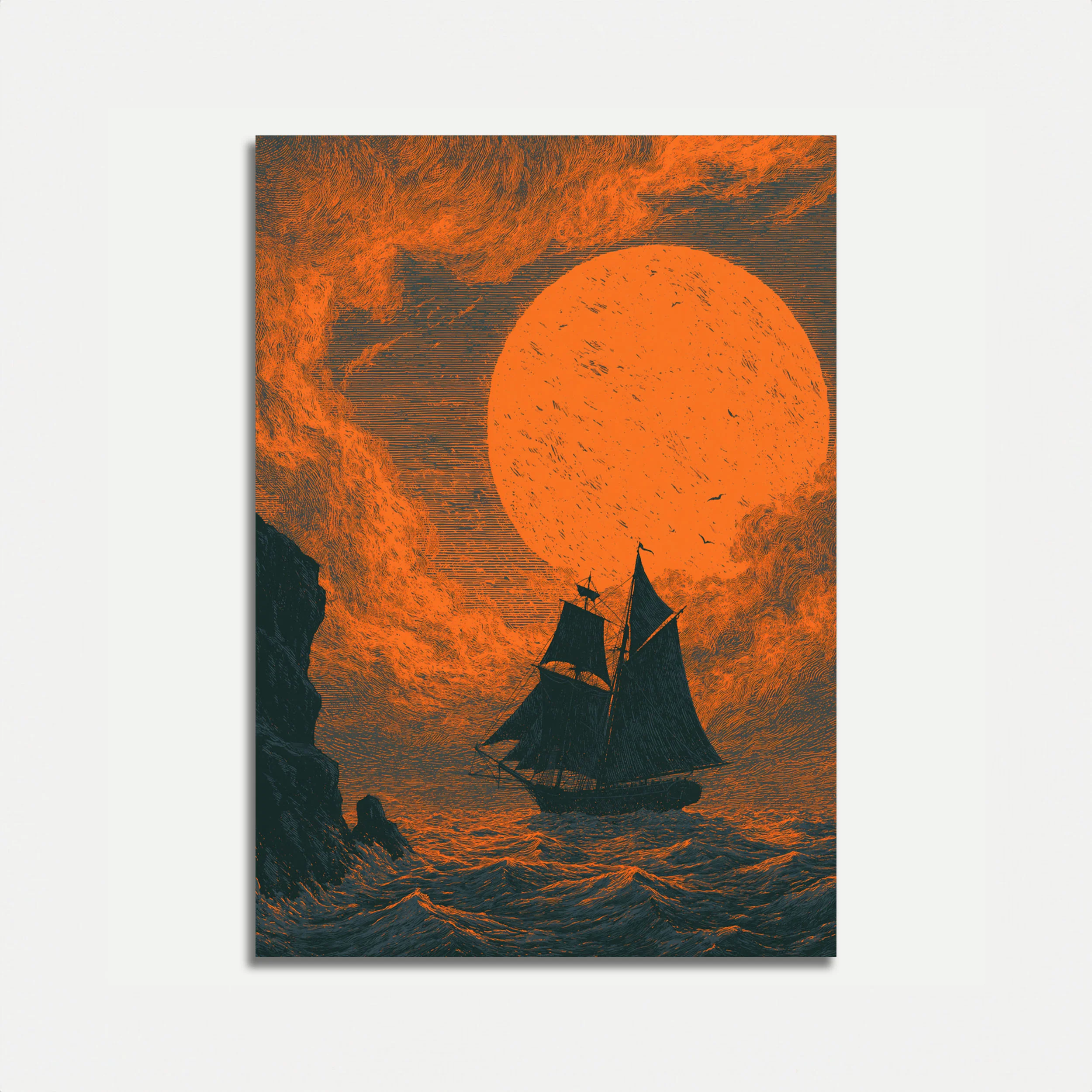 Sailing Ship Under Golden Moon Poster