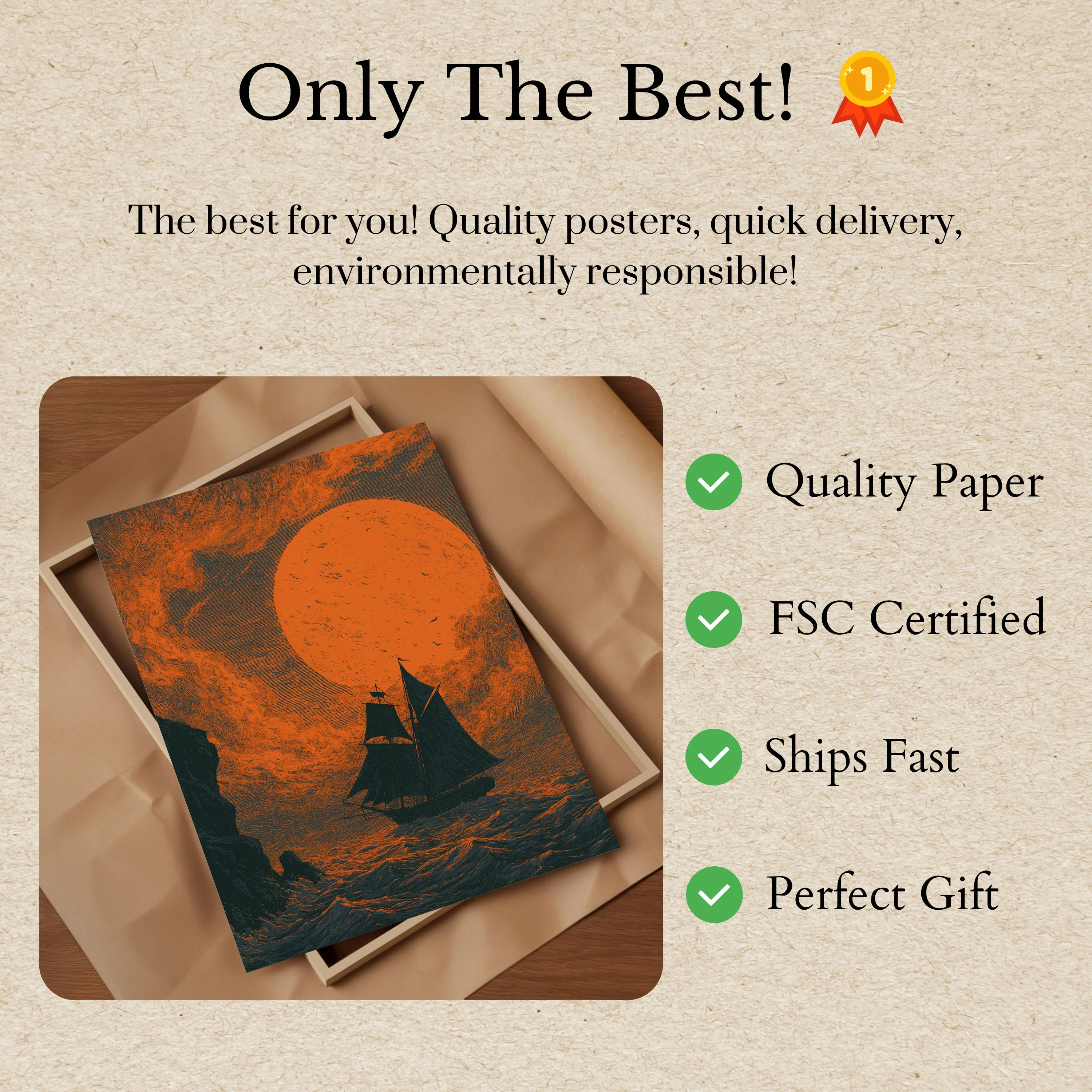 Sailing Ship Under Golden Moon Poster - Image 3