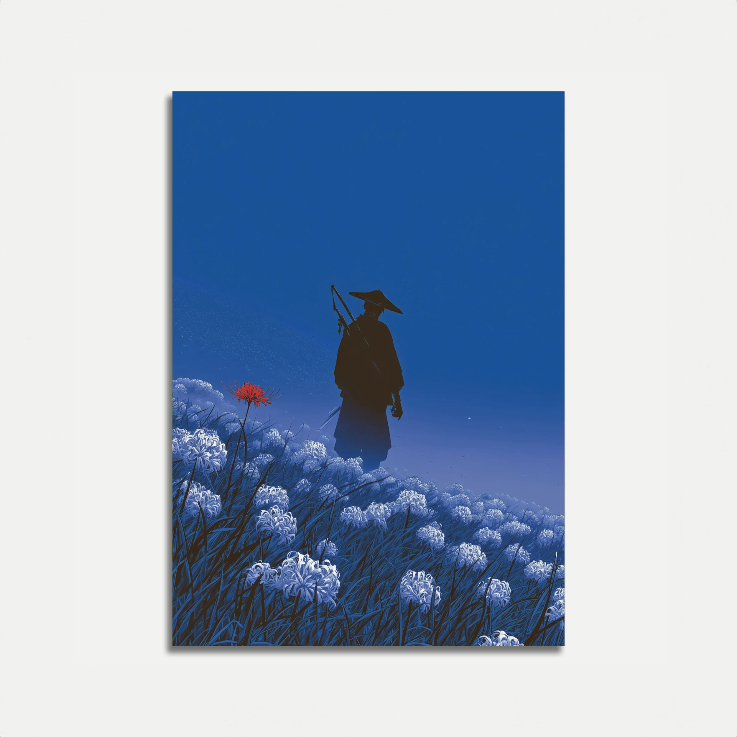Samurai Silhouette in Moonlit Meadow Poster