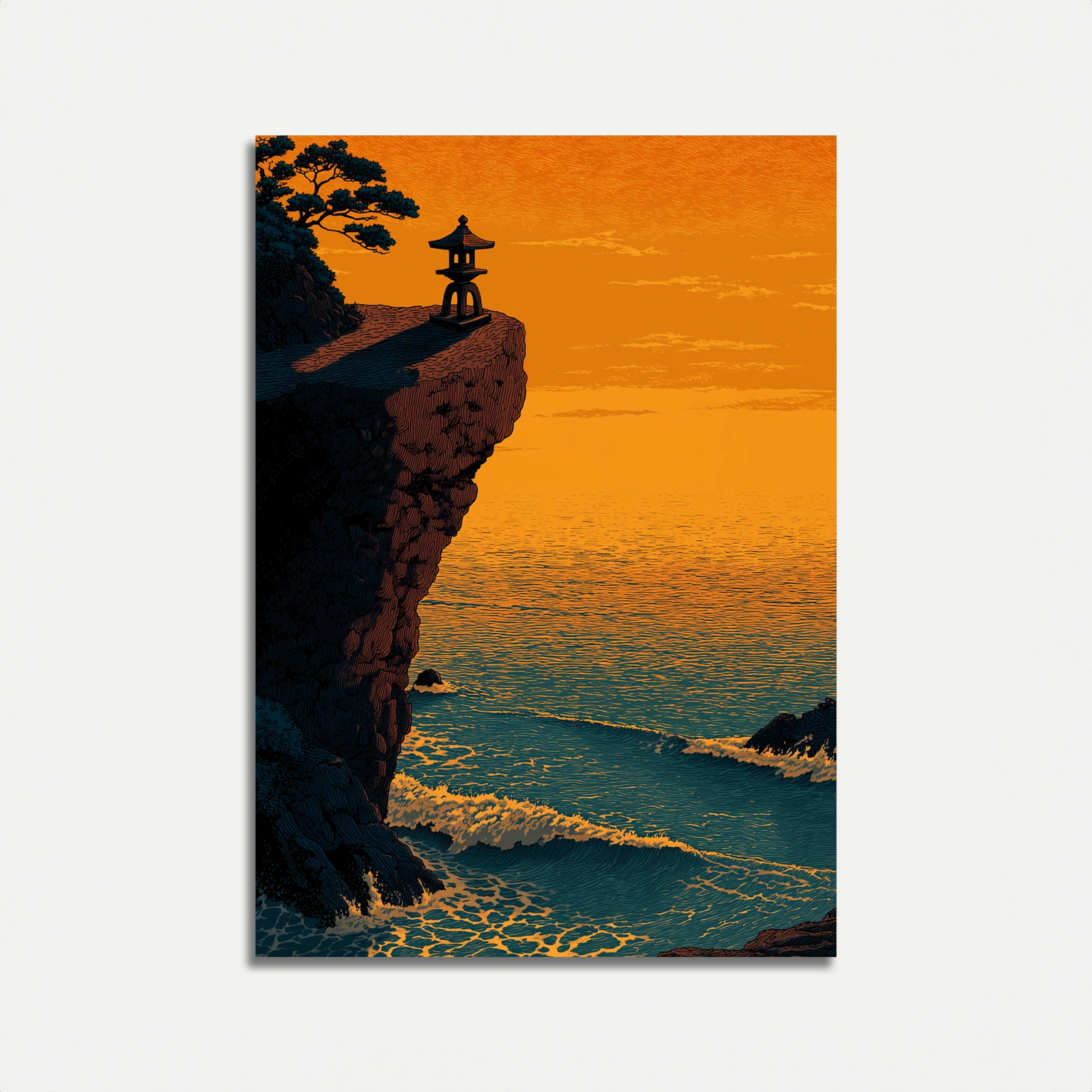 Serene Sunset Lantern Cliff Poster