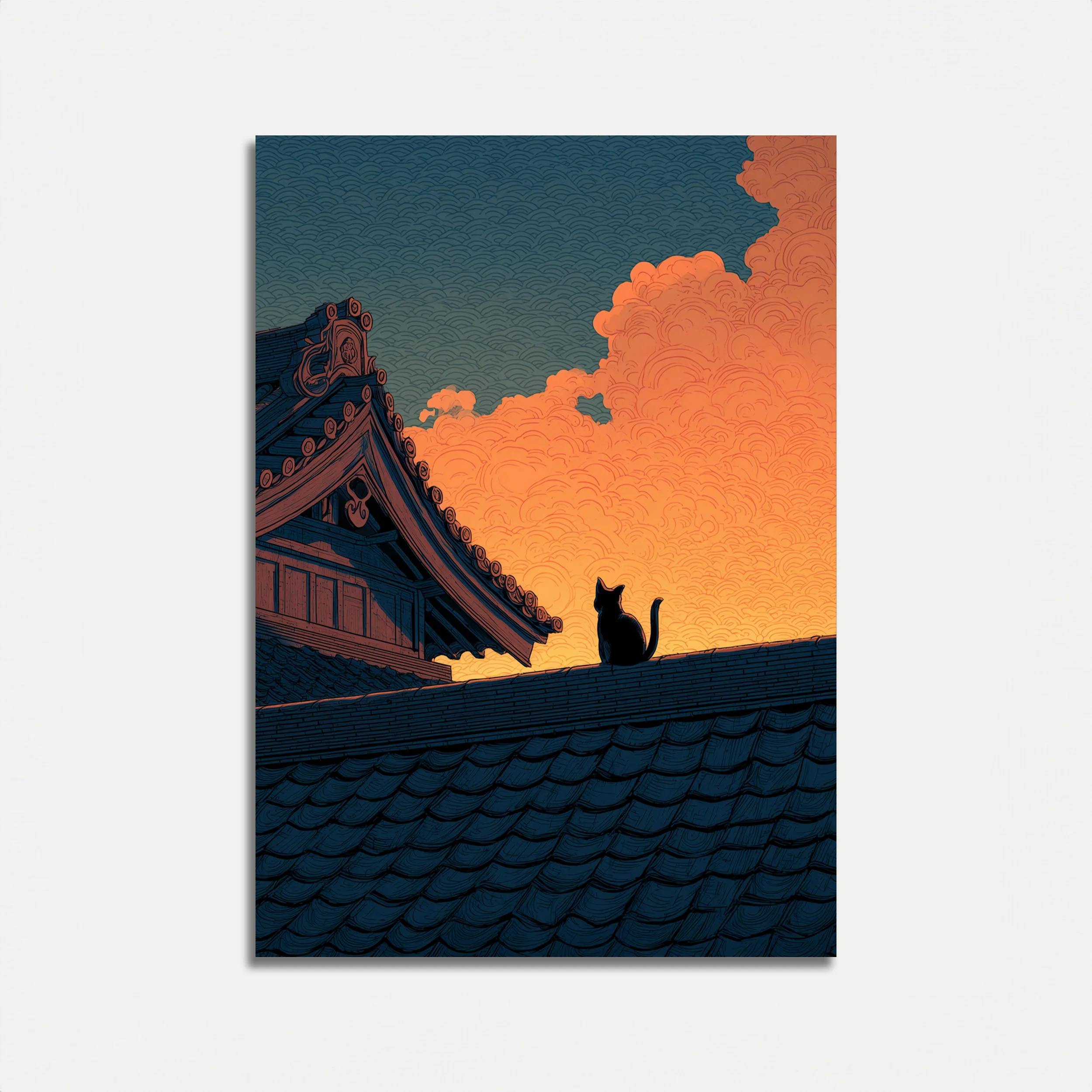 Silhouette Cat on Asian Roof Poster
