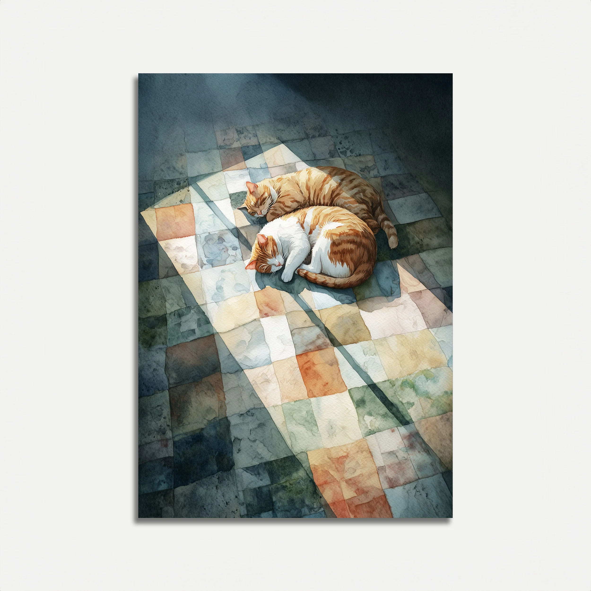 Sleeping Cats on Checkered Floor Poster