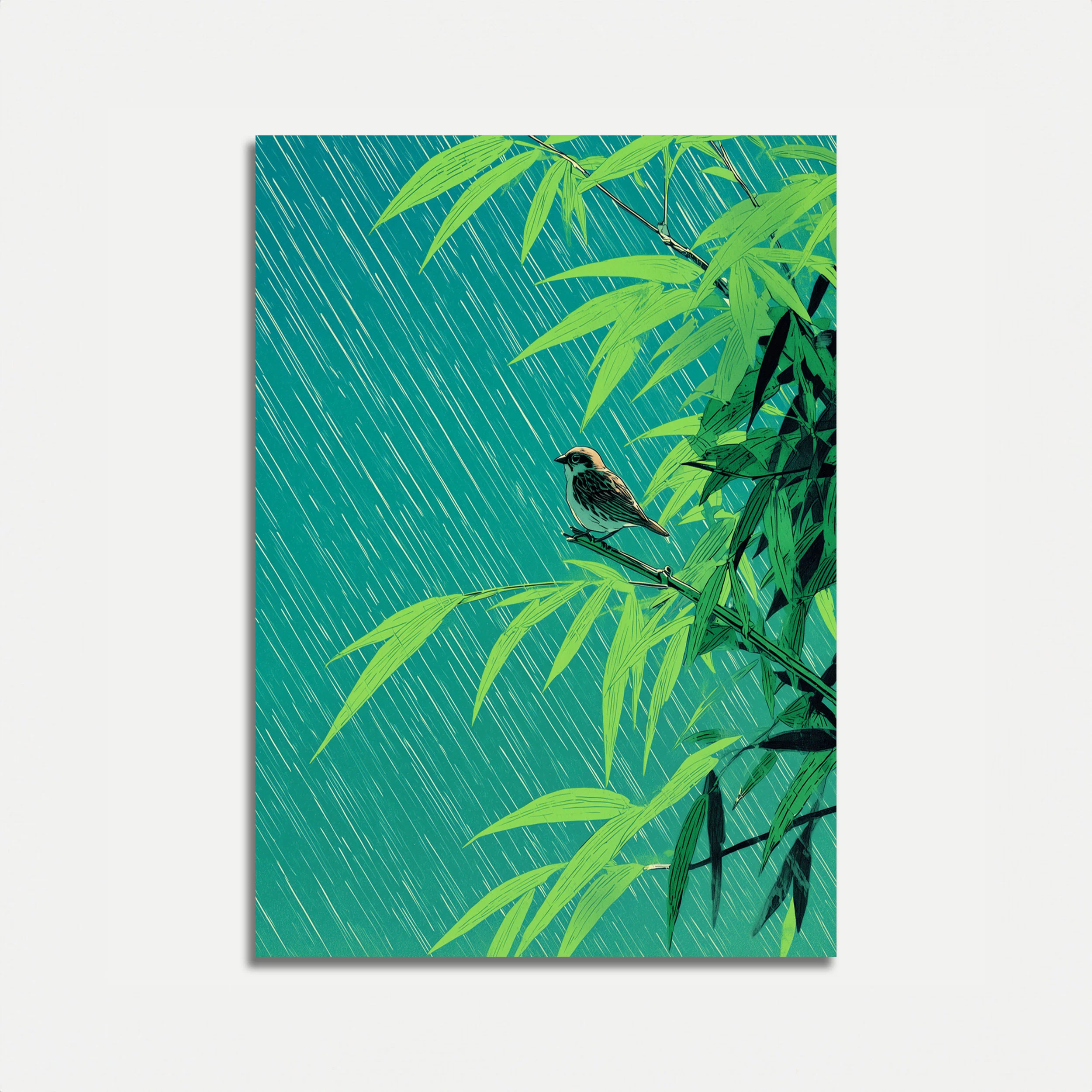 Small Bird in Bamboo Rain Poster