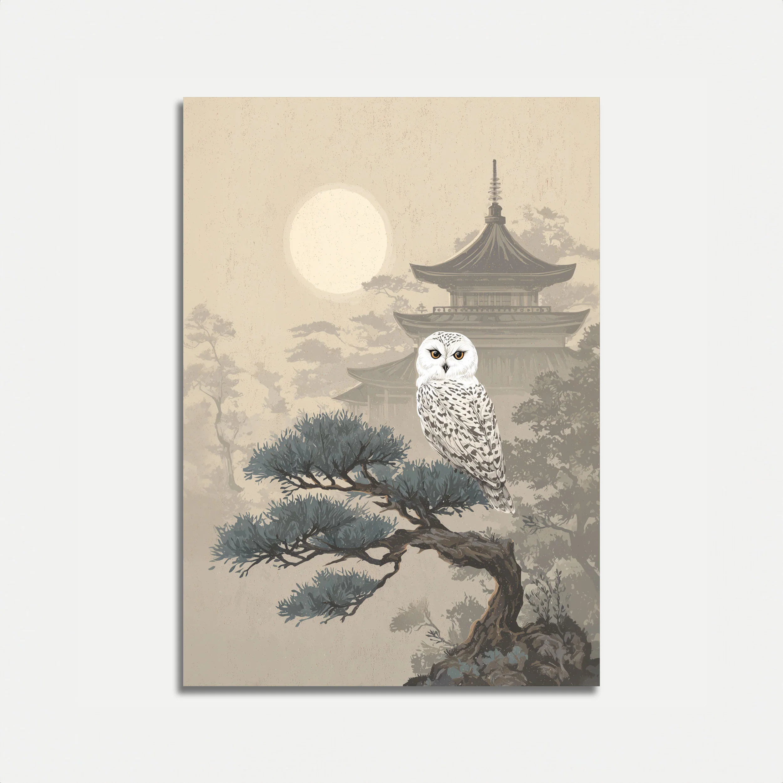 Snow Owl in Japanese Garden Poster