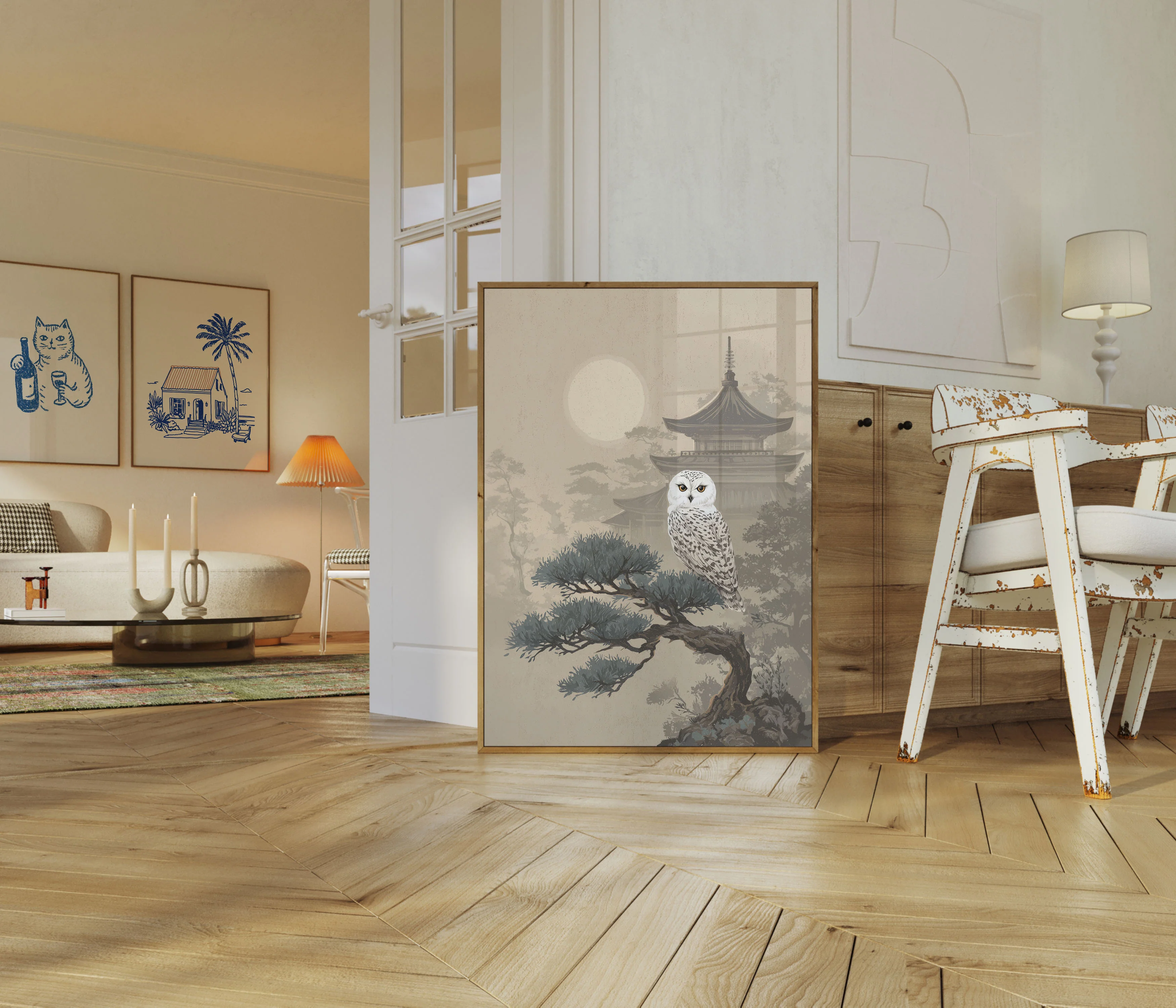 Snow Owl in Japanese Garden Poster - Image 5