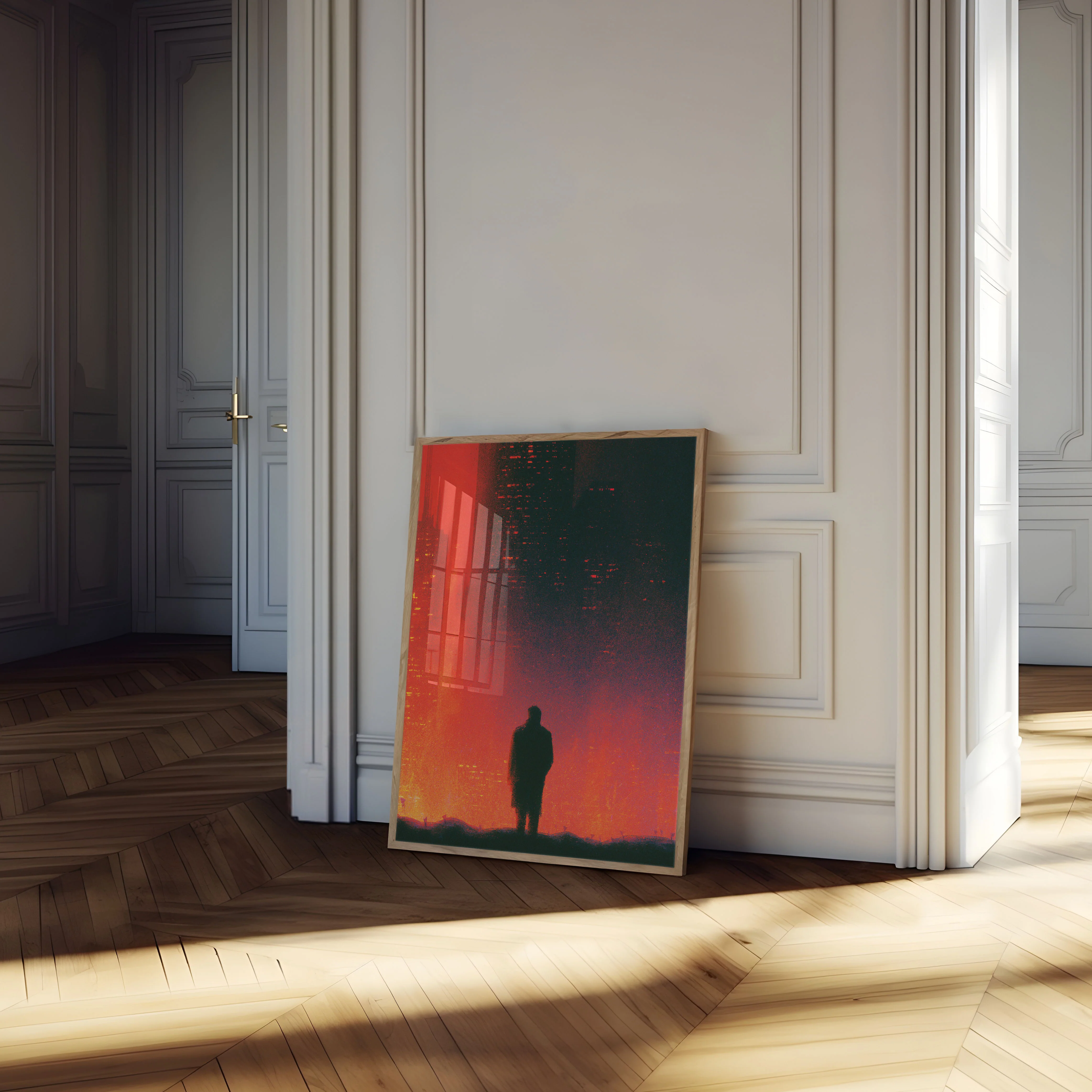 Solitary Figure in Fiery Cityscape Poster - Image 4