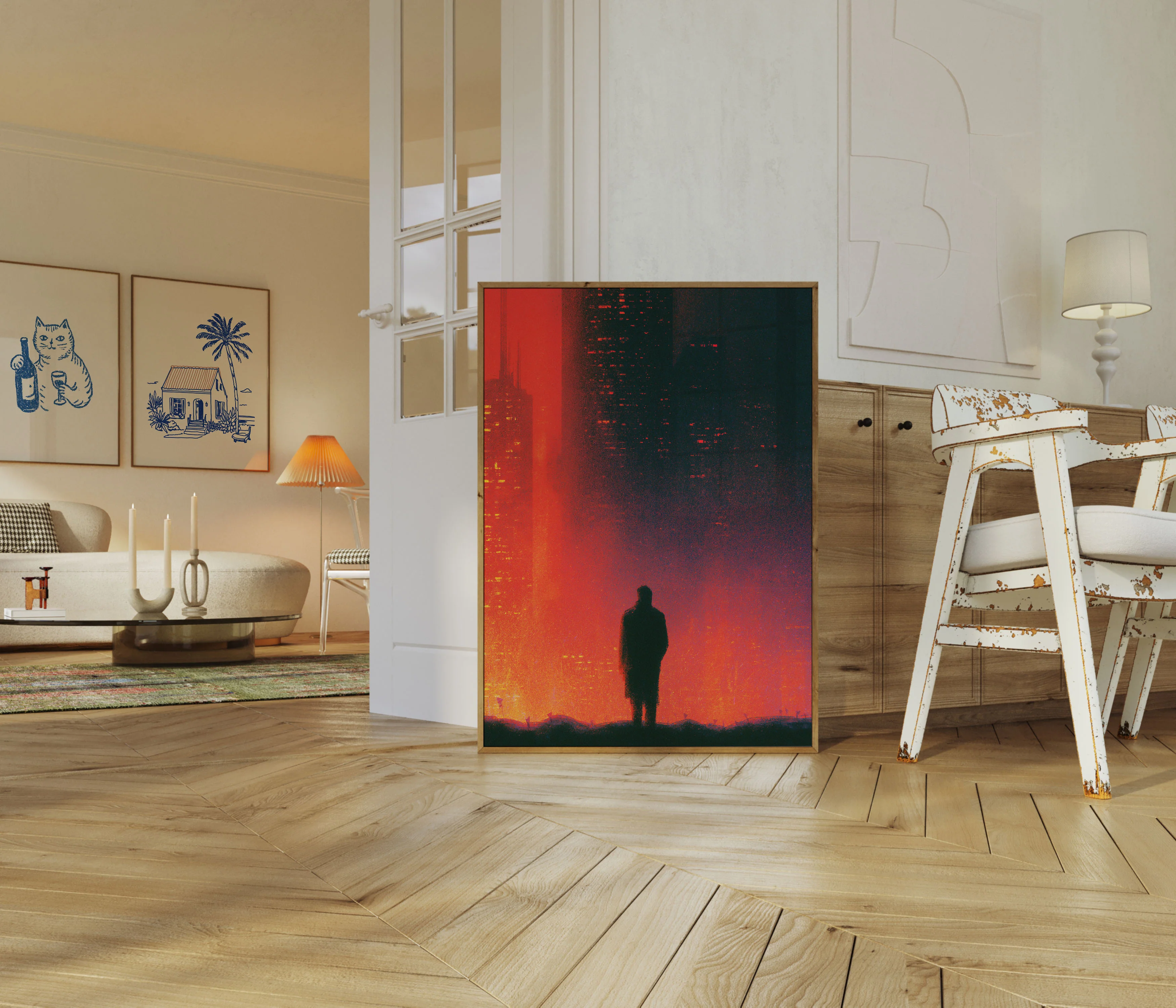 Solitary Figure in Fiery Cityscape Poster - Image 5