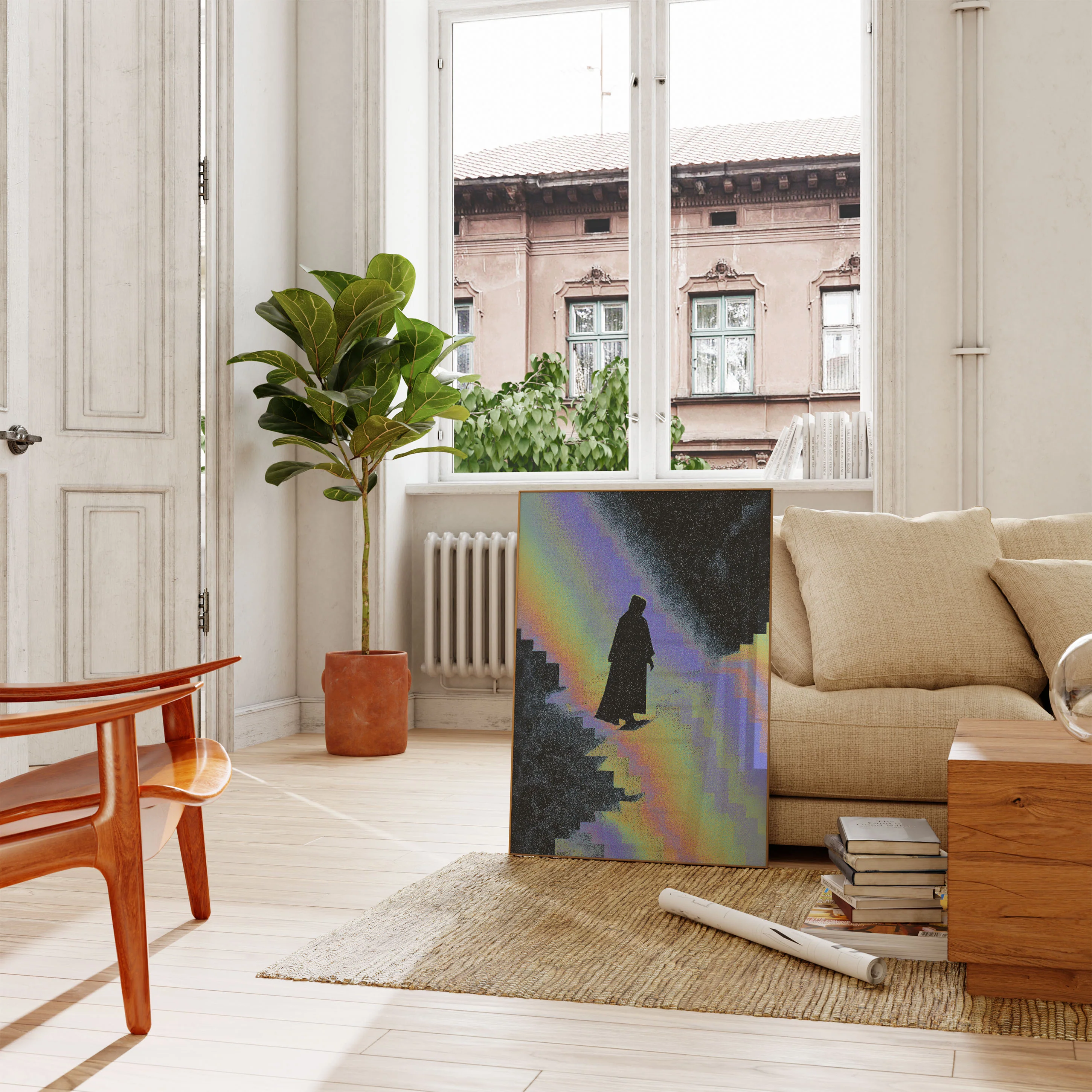 Solitary Figure in Neon Cityscape Poster - Image 2