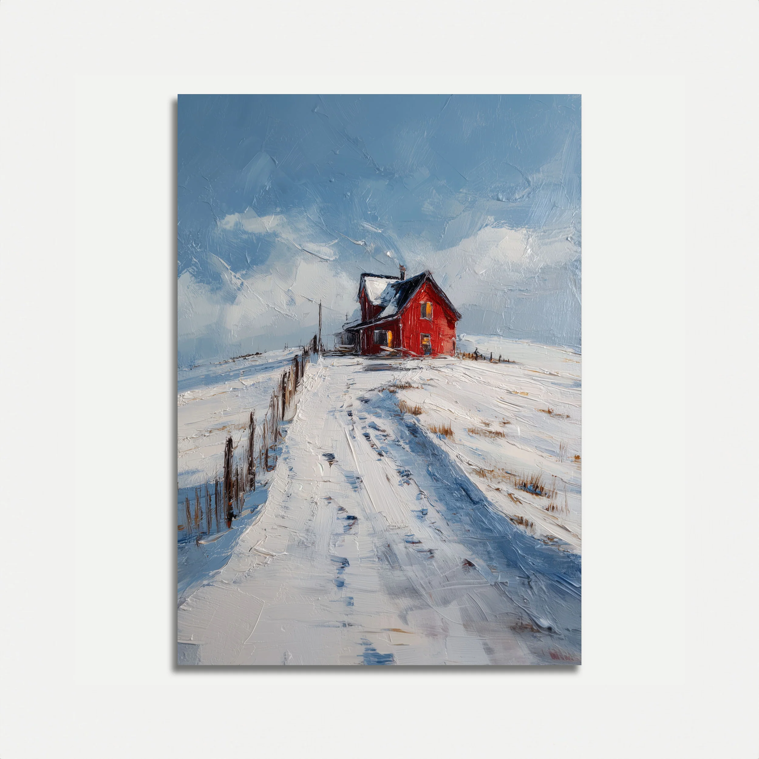 Solitary Red Farmhouse Winter Poster