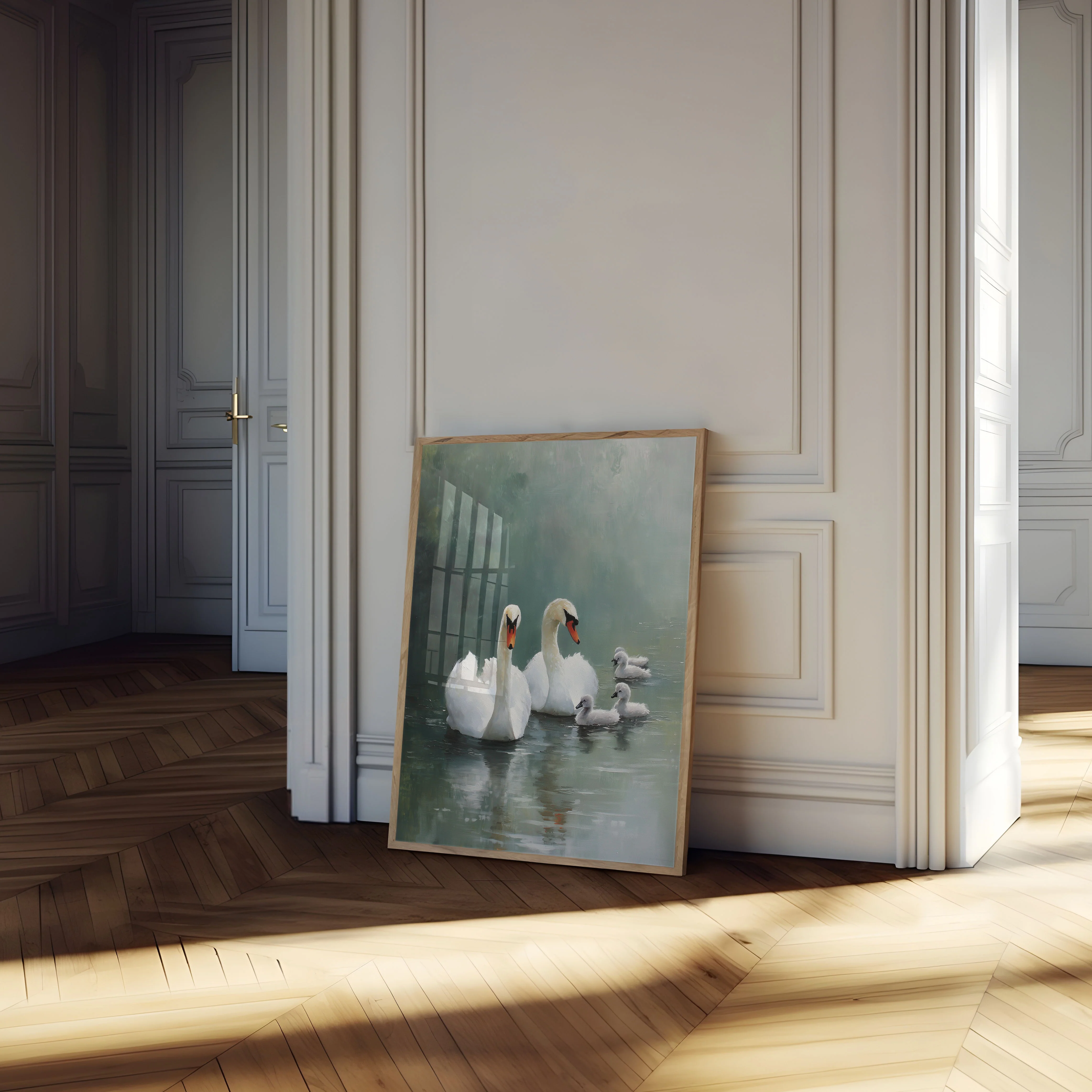 Swan Family on Misty Lake Poster - Image 4